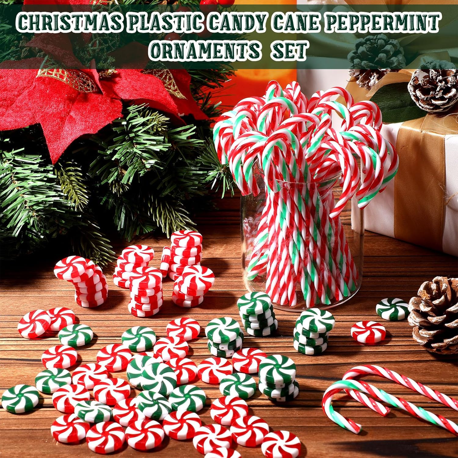 120 piezas de bastones de caramelo de Navidad de plástico, adornos de menta para árbol de Navidad, paletas, decoración artesanal para Navidad,
