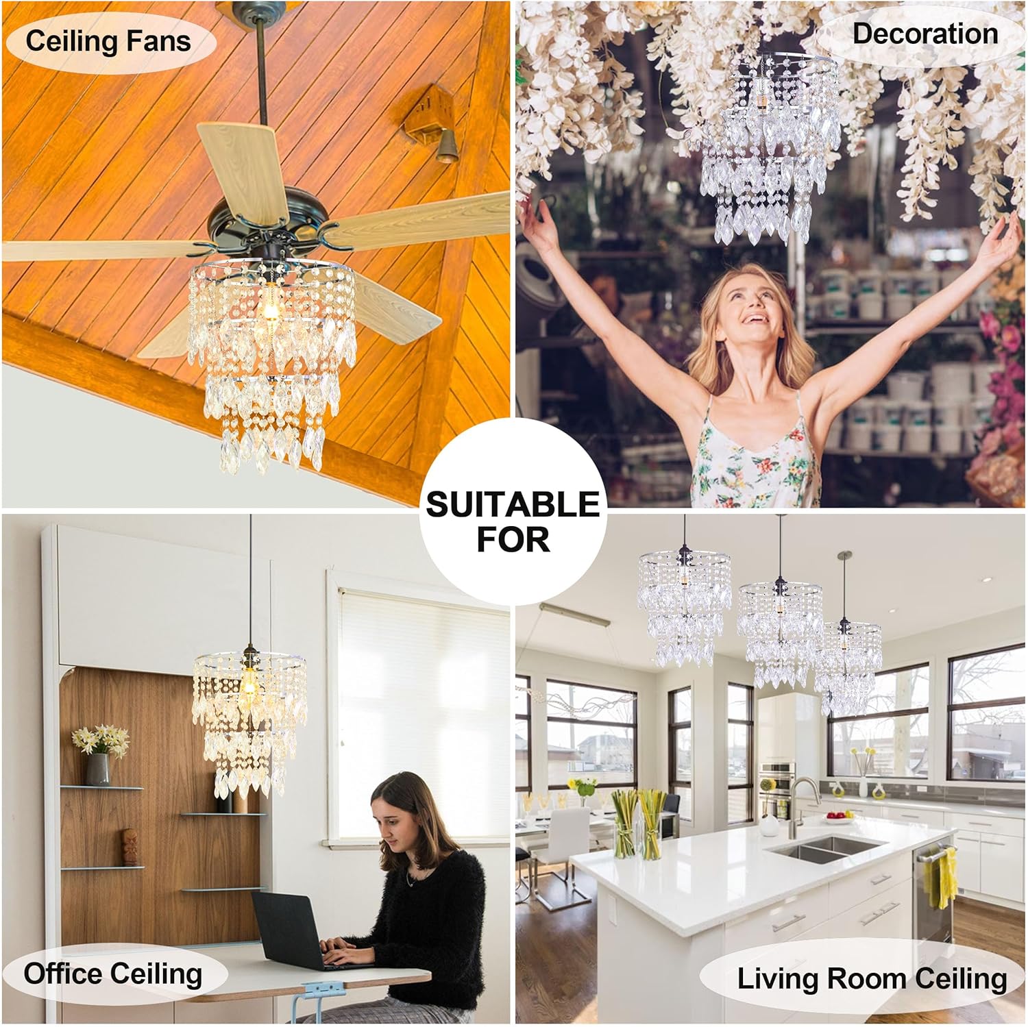 Pantalla de araña acrílica, pantalla de techo con cuentas de cristal y marco cromado para dormitorio, decoración de boda o fiesta, diámetro de 12