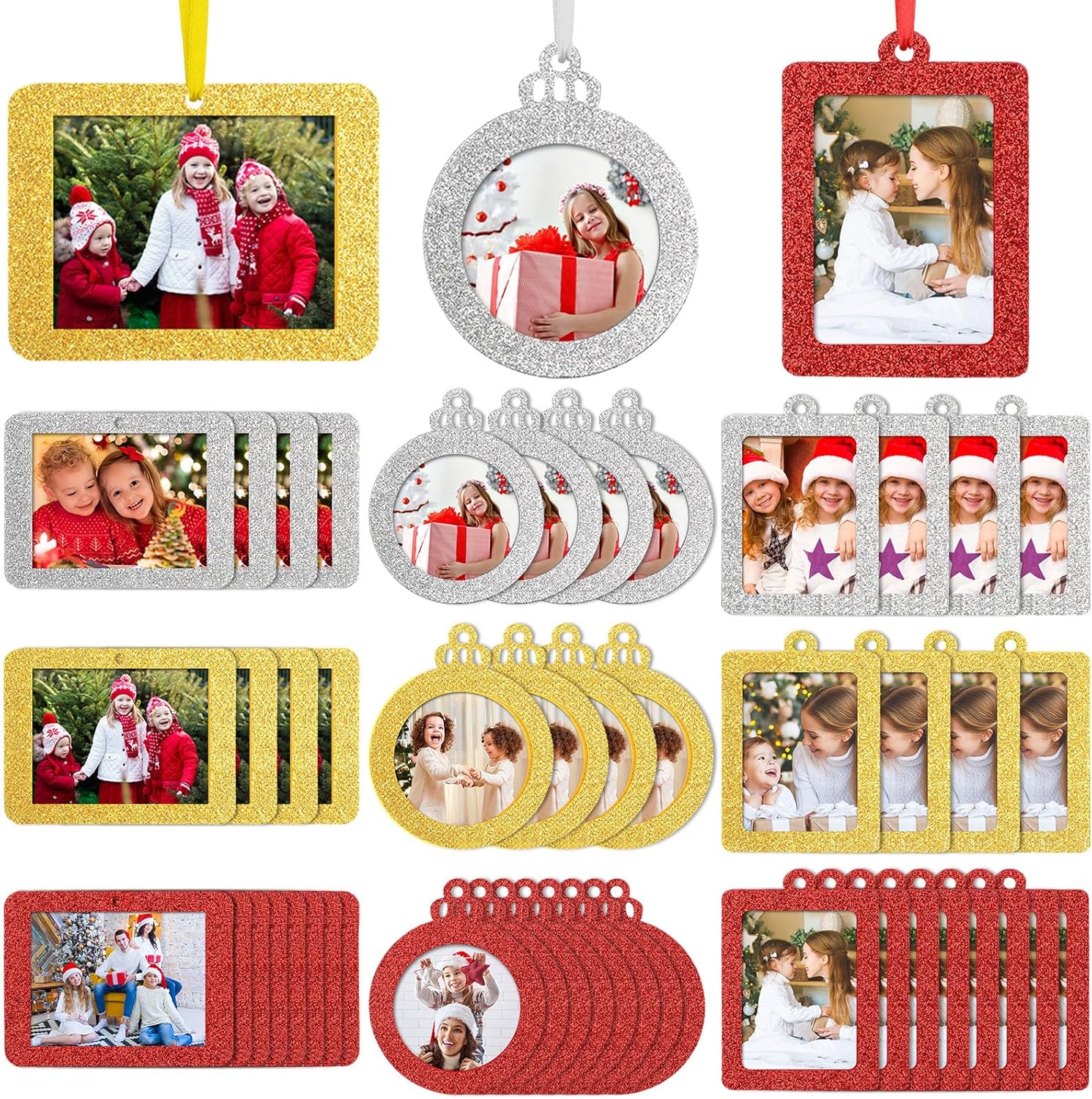 Queekay 48 adornos navideños para colgar fotos, marco de fotos para árbol, marco de fotos pequeño con purpurina para bricolaje, manualidades,
