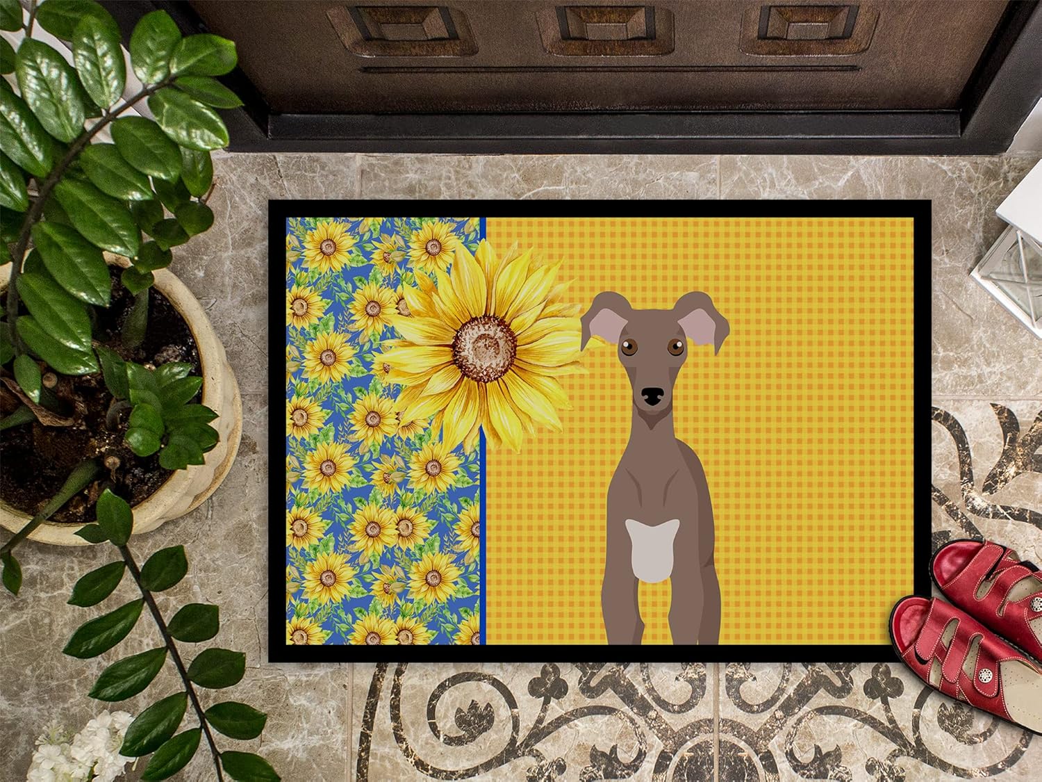 Caroline’s Treasures WDK5431MAT – Felpudo de verano con girasoles y leondo italiano, de 18 x 27 pulgadas, para puerta delantera, para interiores y