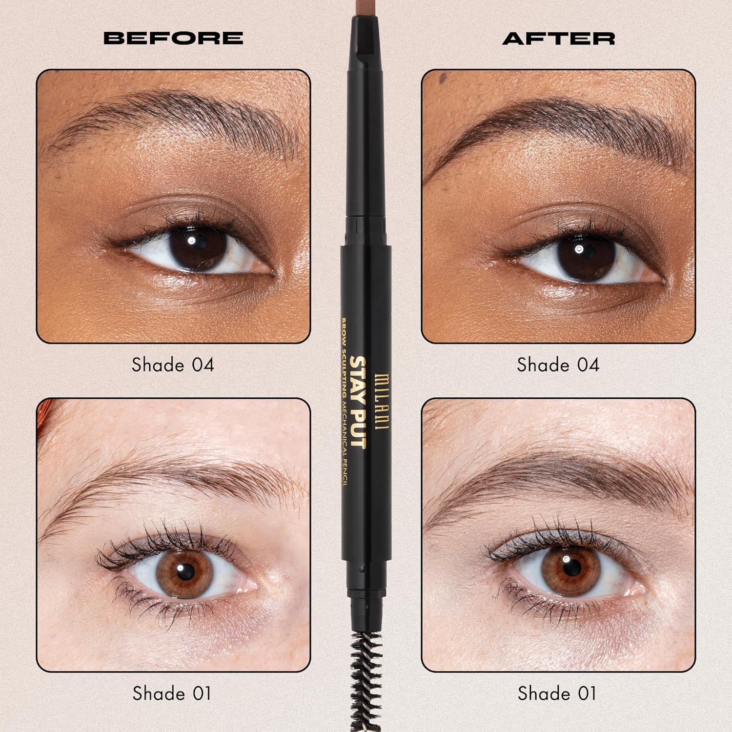 Milani Stay Put – Lápiz mecánico para esculpir cejas, marrón oscuro (0.01 onzas), libre de crueldad animal, de larga duración, que define y da forma