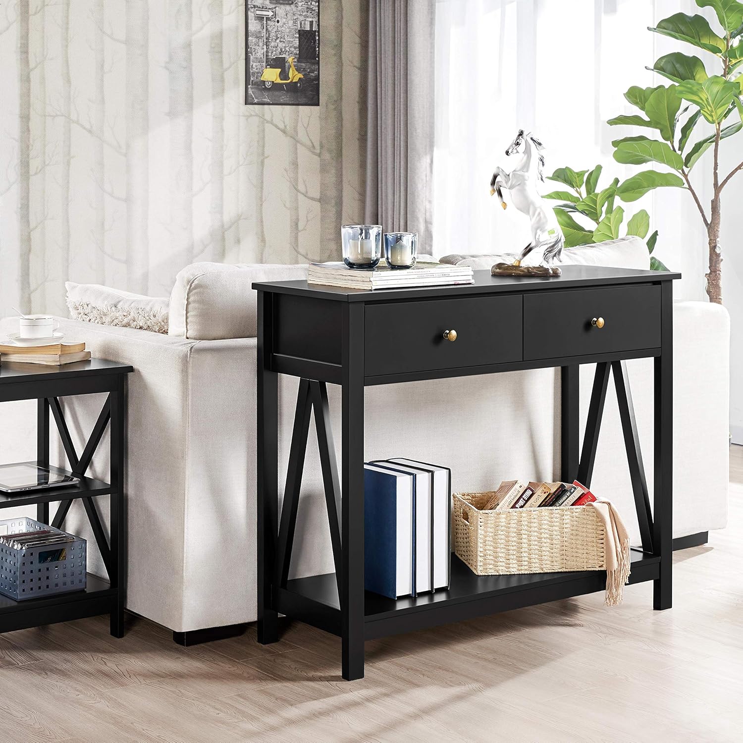 Yaheetech Mesa consola con cajón, mesa de entrada de madera con estantes de almacenamiento, mesa de sofá estrecha larga para sala de estar, entrada,
