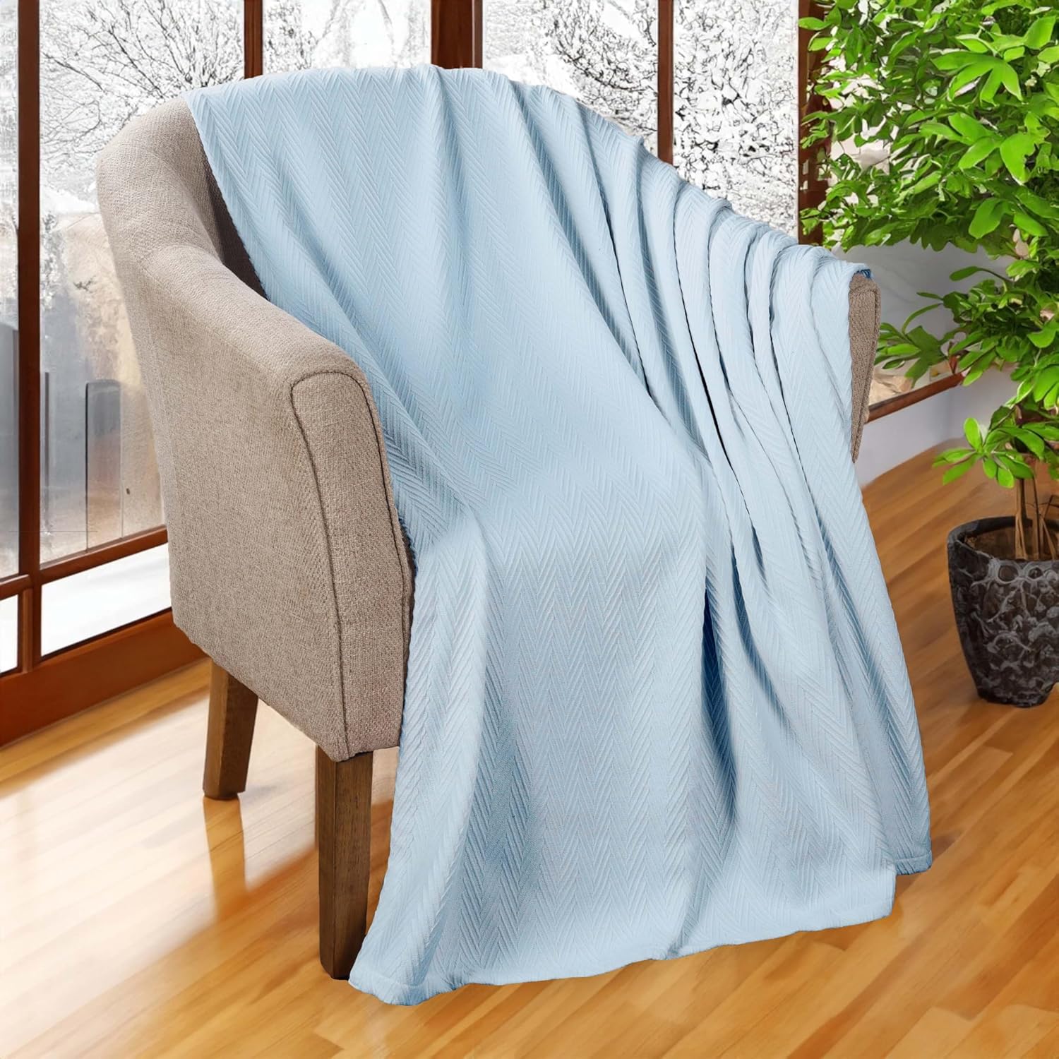 Superior Hroo Collection – Manta térmica de algodón para todas las estaciones, tejida en color azul claro, reversible, ultrasuave y cálida, manta de