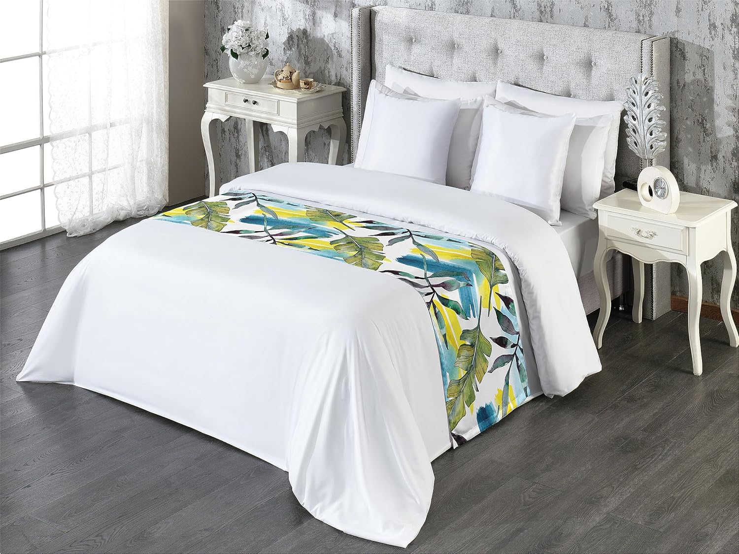 Ambesonne Camino de cama con estampado de hojas, hojas de acuarela en pinceladas, acuarela botánica moderna, bufanda decorativa para hoteles,