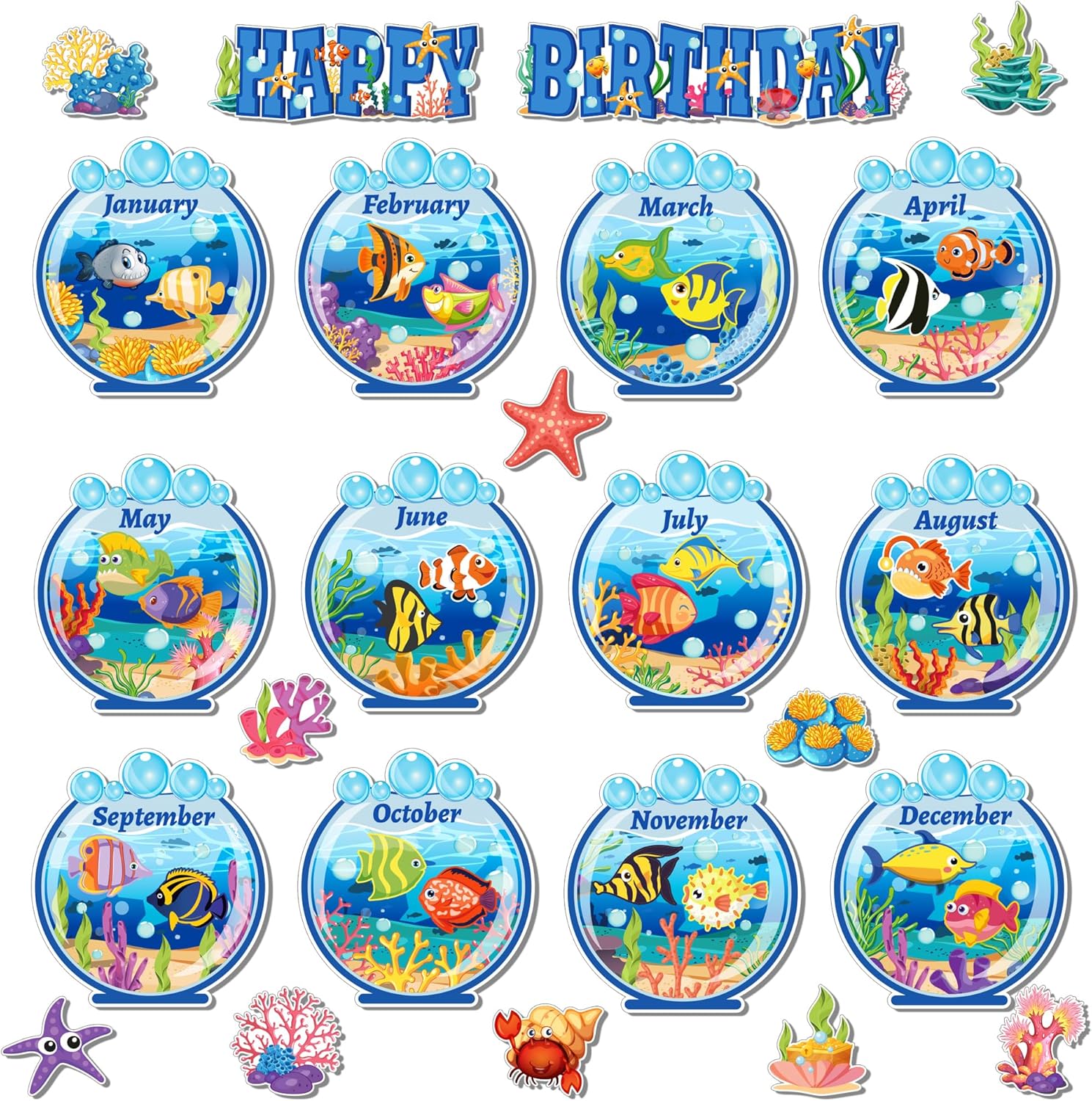 Juego de 48 tablones de anuncios de cumpleaños bajo el mar, decoración de aula temática oceánica, feliz cumpleaños, decoración de peces de animales
