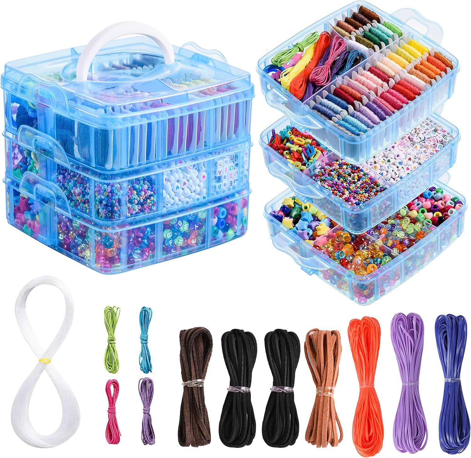 Peirich Kit de cuentas para hacer joyas, incluye hilo de bordado de 44 colores con caja de almacenamiento de 3 niveles con hilos, más de 4900