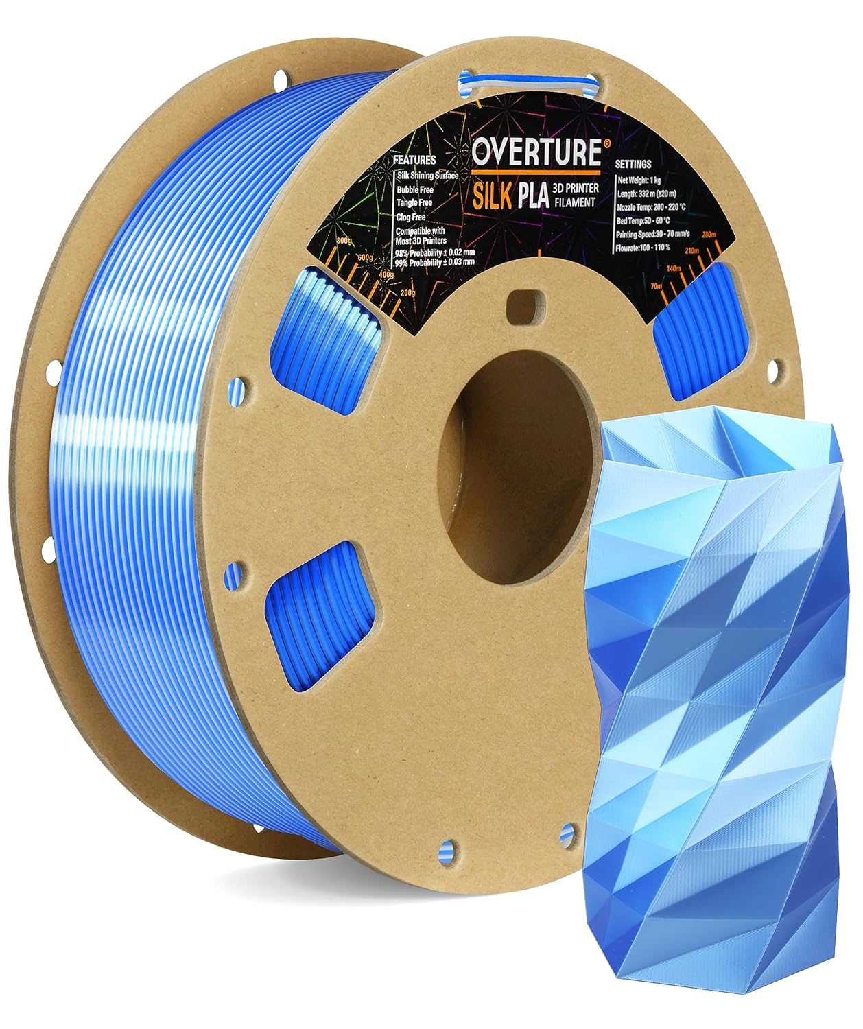 OVERTURE Filamento PLA de seda de doble color de 0.069 pulgadas, filamento de impresora 3D brillante sin obstrucciones, carrete de 2.2 libras,