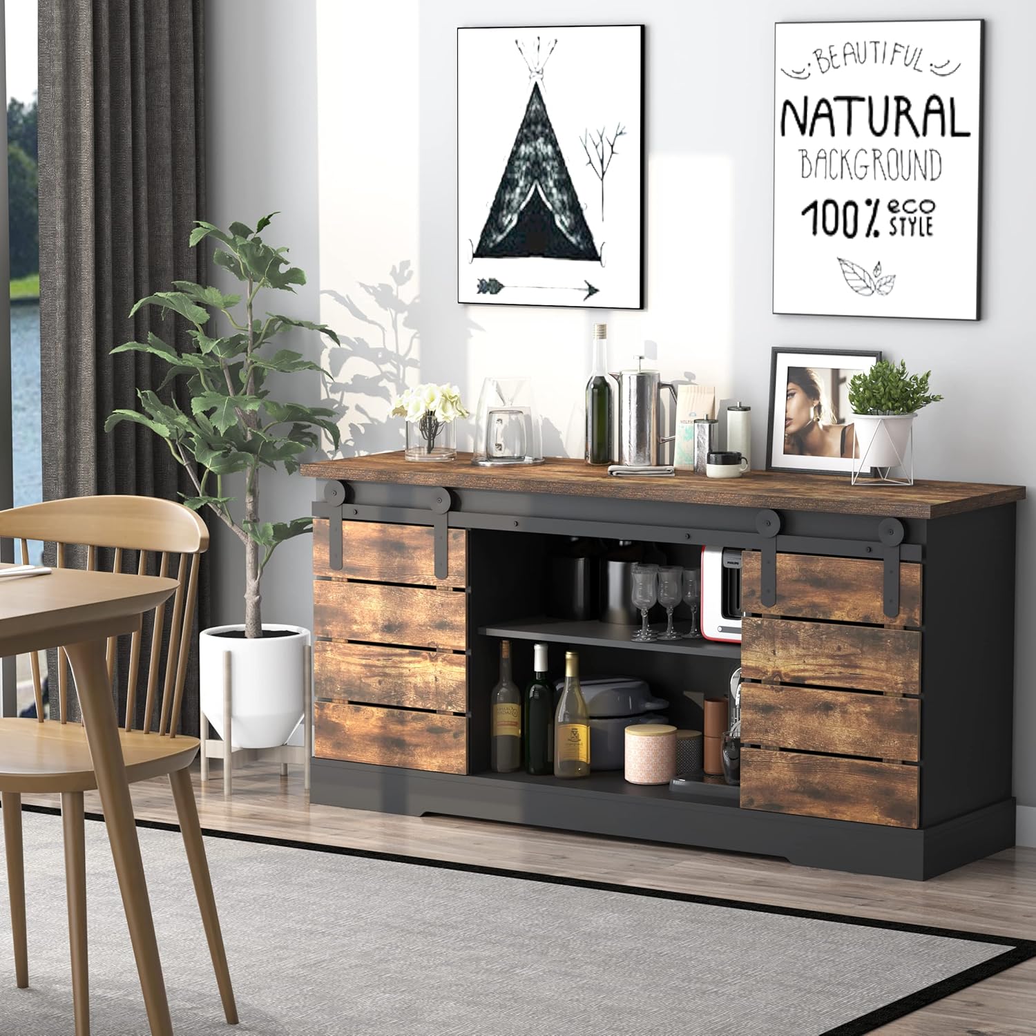 NSdirect Aparador de cafetera, soporte de TV moderno, estación de buffet de granja, puerta corrediza de granero, consola de credenza con listón y