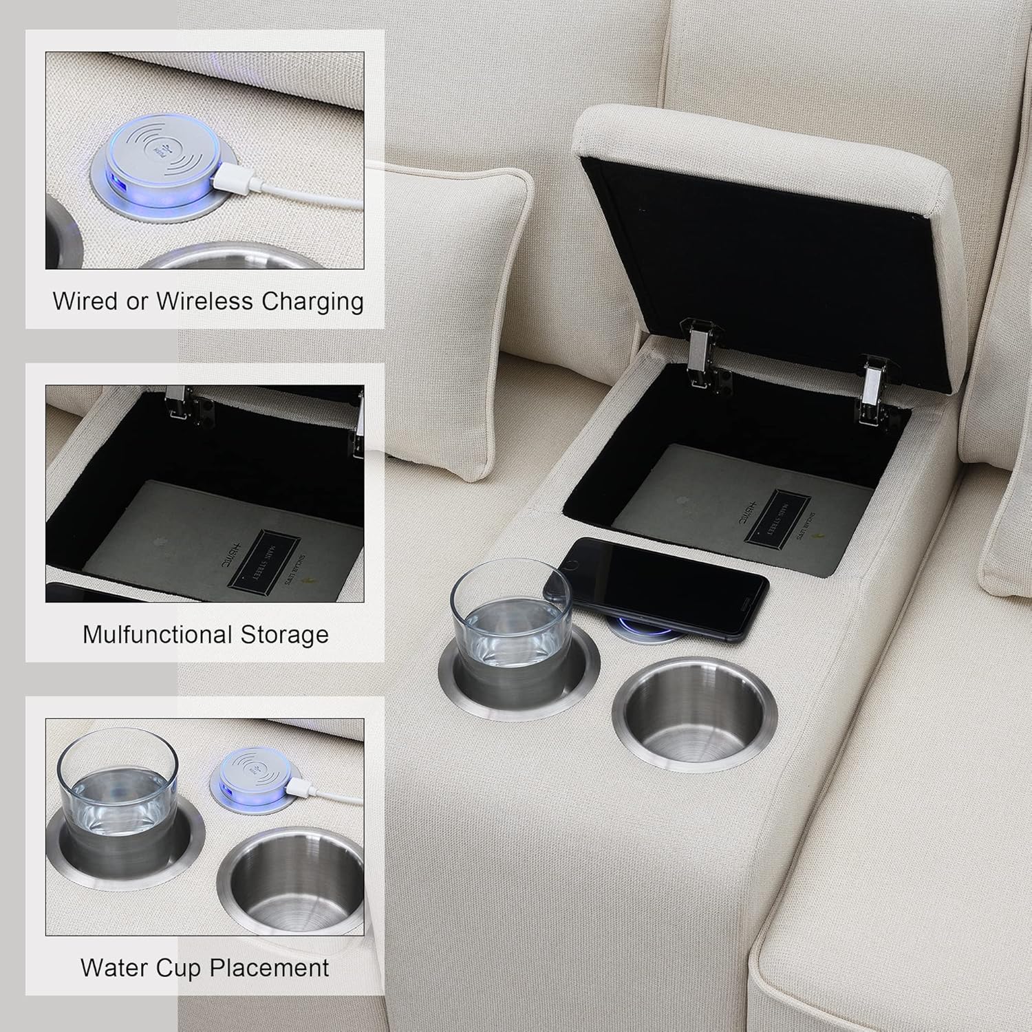 SIYSNKSI Moderno sofá multifuncional con mesa auxiliar almacenable y 2 portavasos, sofá tapizado de tela de 4 asientos con 2 puertos USB con cable o
