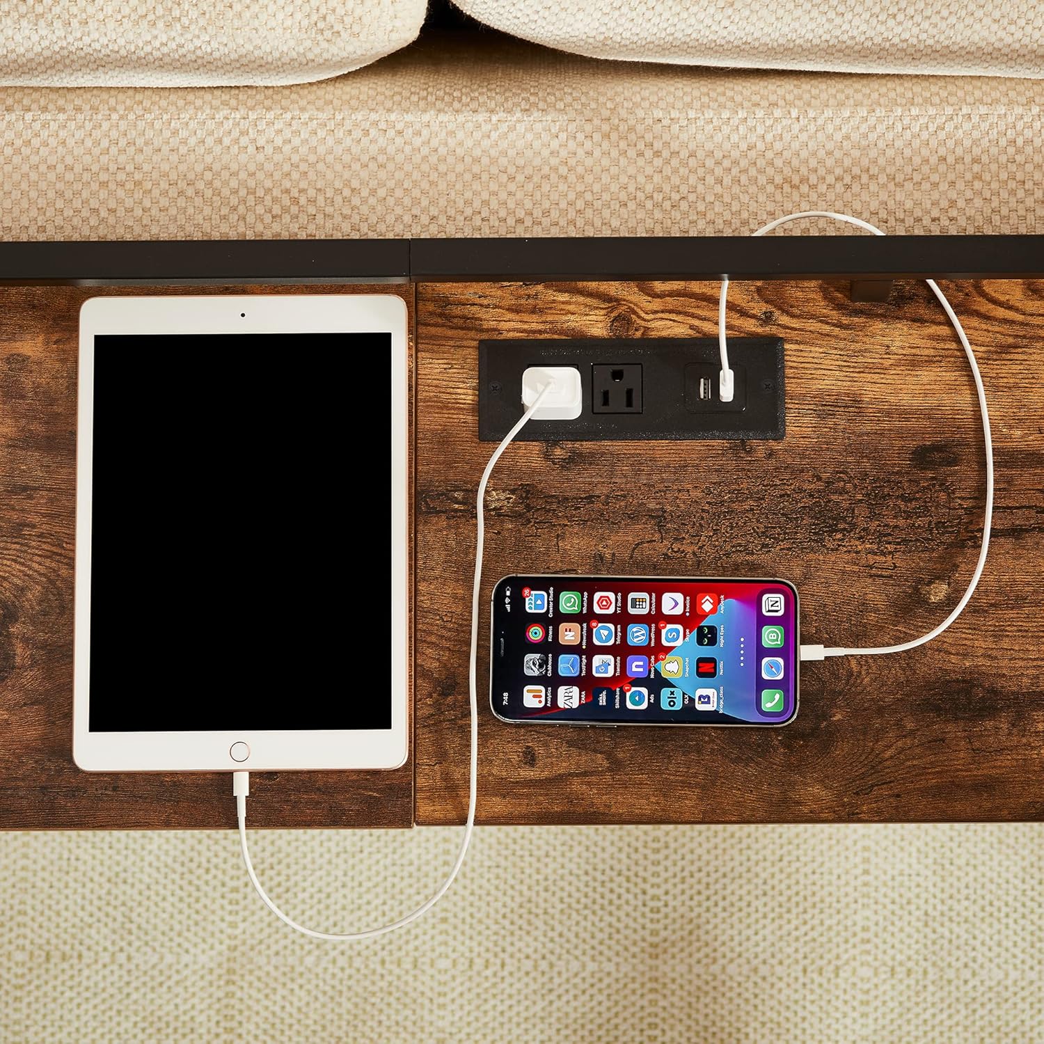 VECELO Mesa consola de 71 pulgadas con 2 salidas y 2 puertos USB, muebles de entrada con cable de alimentación de 9.8 pies de largo, deflector y