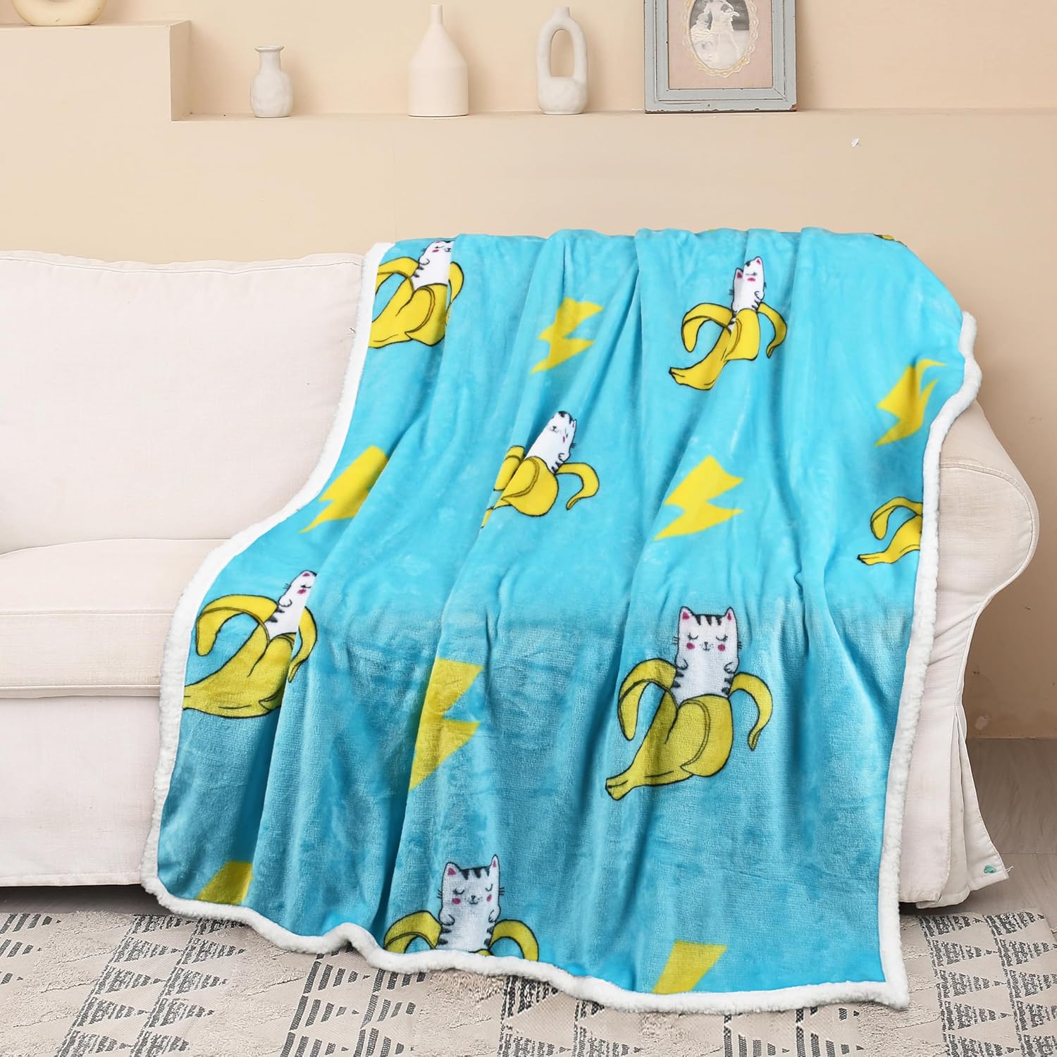Catalonia Manta de forro polar Sherpa con estampado de gato y plátano, manta suave de felpa de visón, mullida, cómoda, cálida, regalo de cuidado