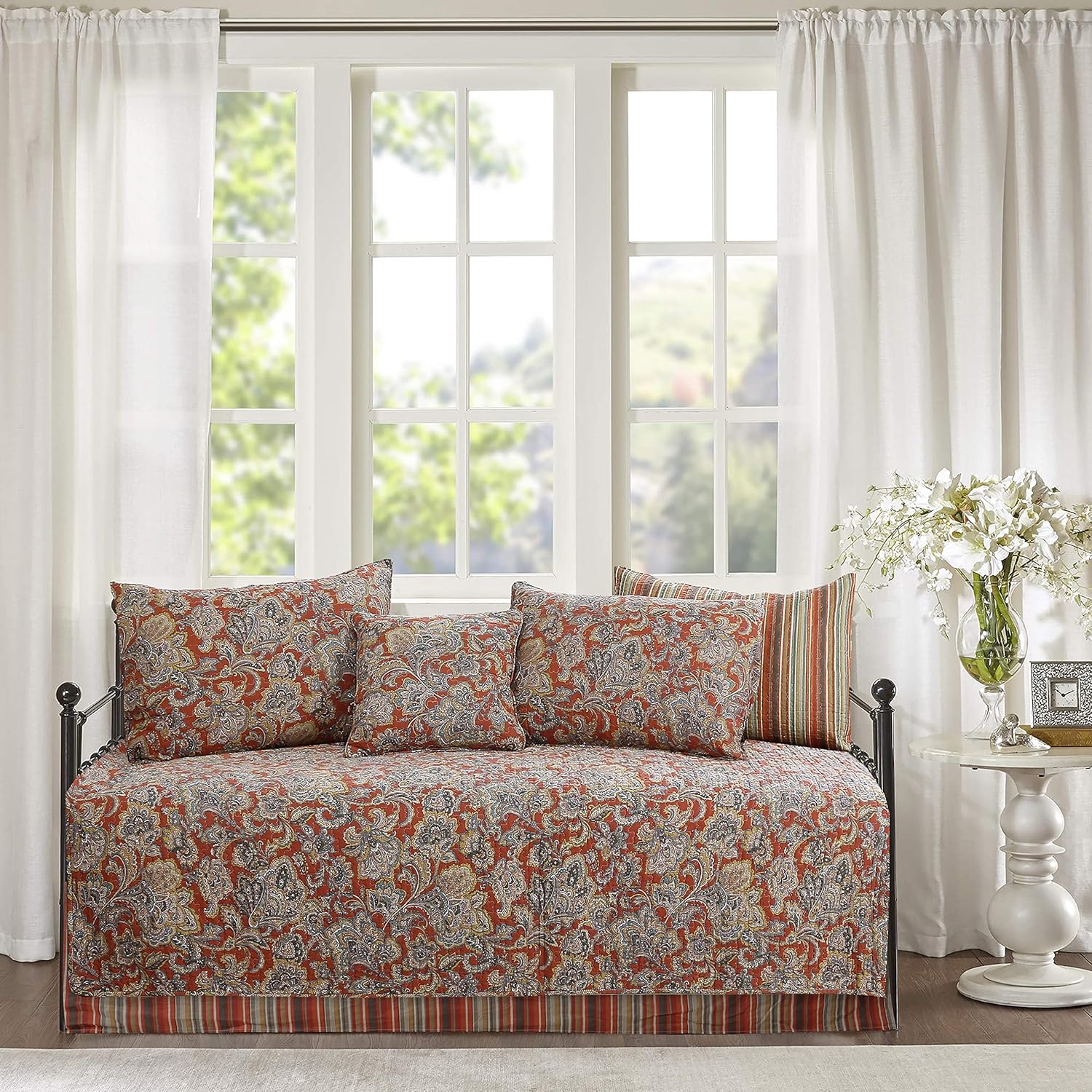 Cozy Line – Juego de cama de 6 piezas, ropa de cama reversible de algodón reversible con falda de cama, fundas a juego, almohada decorativa