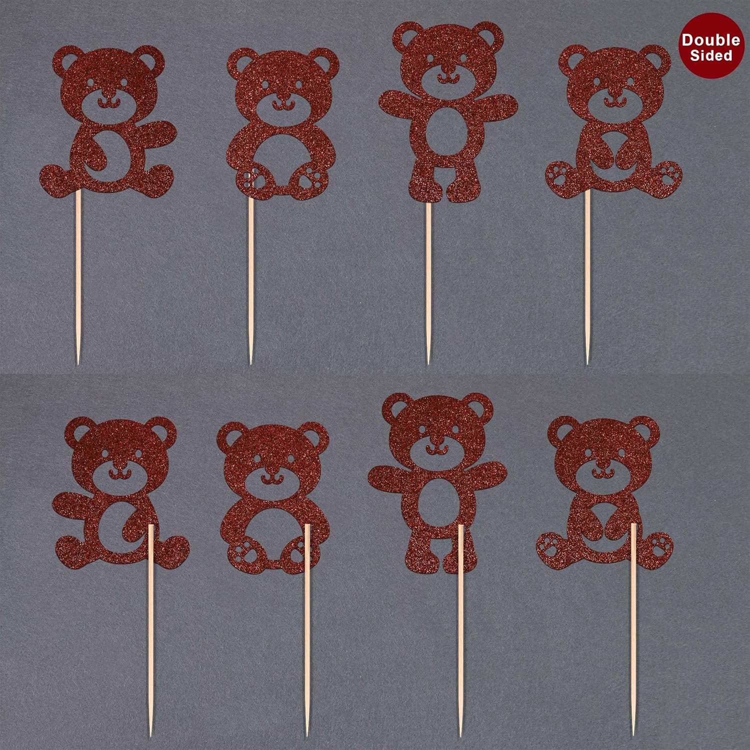 24 piezas de decoración para cupcakes de oso de bebé, con purpurina marrón, de doble cara, lindos osos para cupcakes, decoración de pasteles de