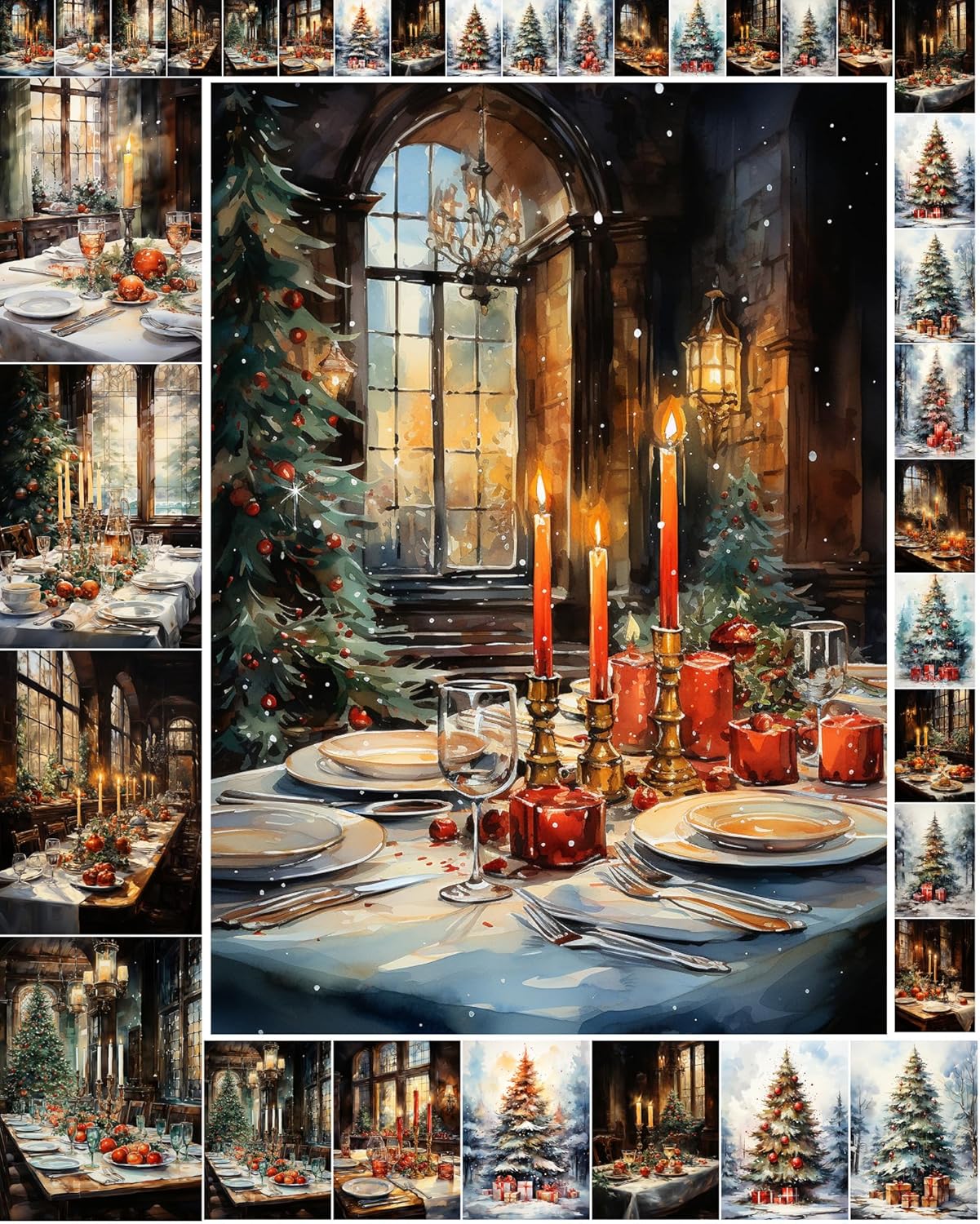 Decoupage – Paquete de papel (35 hojas de 6 x 8 pulgadas), bonitas acuarelas de mesas, juego para deliciosas cenas de Navidad, tarjetas de