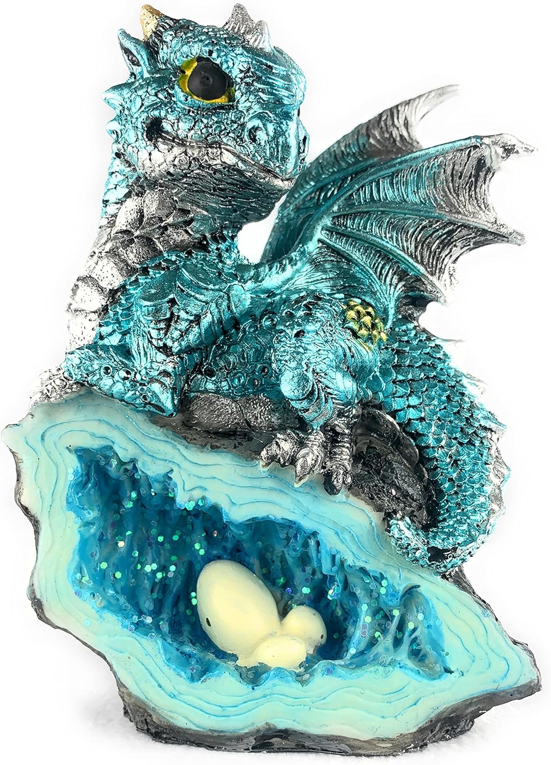 Ain’t It Nice Estatua de dragón medieval de dragón bebé con nido de huevo de cristal, figura decorativa, geoda de cristal brillante, figura de