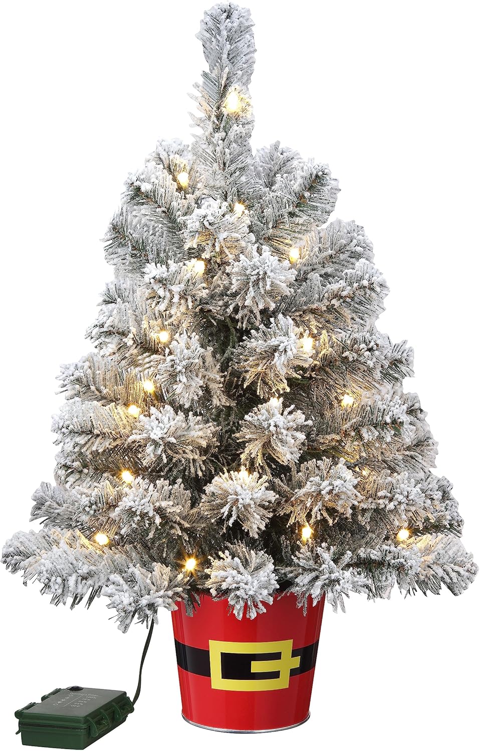 Haute Decor Árbol de 20 pulgadas en maceta Night Night en maceta de metal rojo con cinturón de Papá Noel (nevado con luces transparentes) – Árbol de
