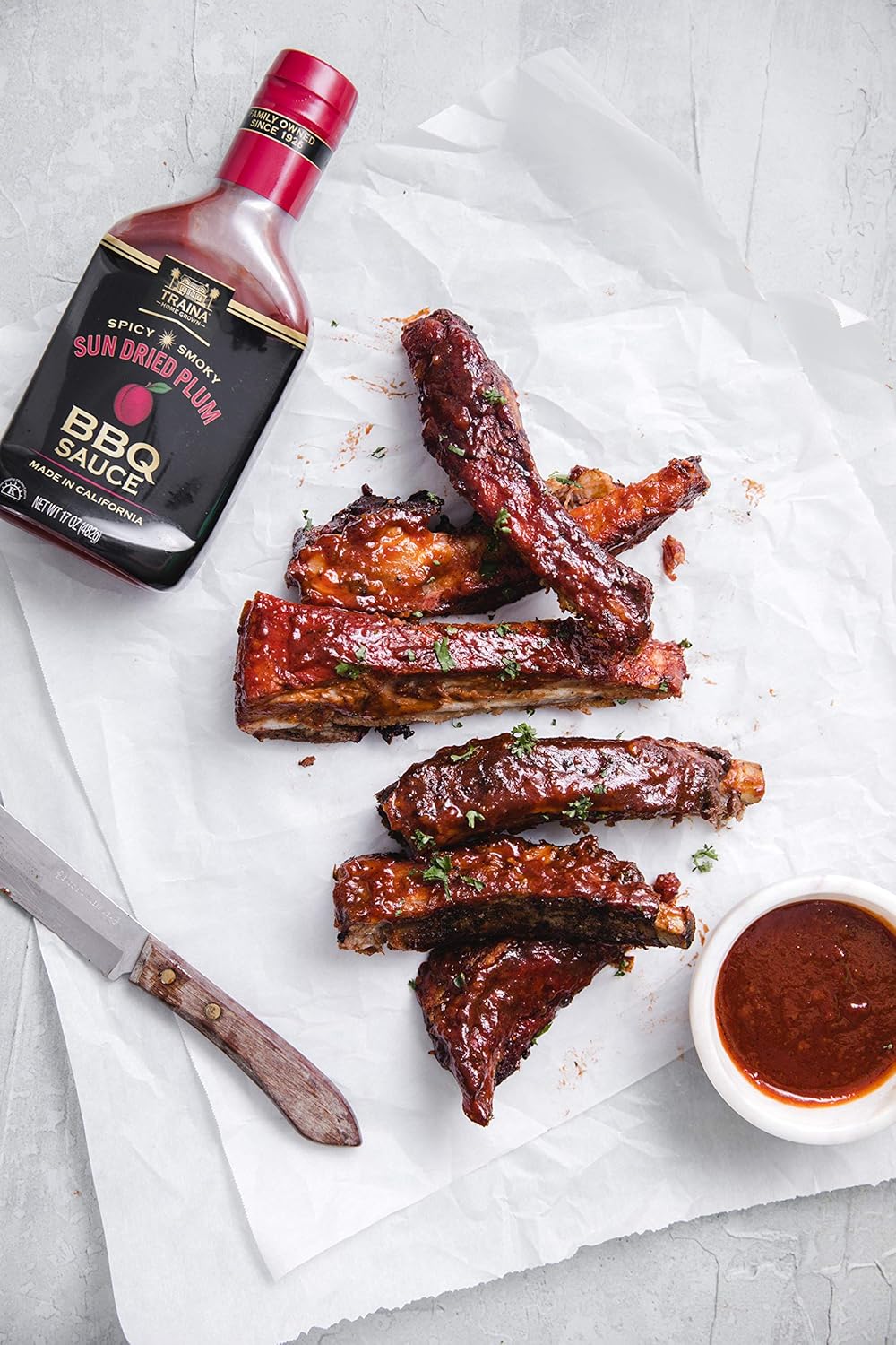 Traina Home Grown California Salsa de barbacoa de ciruela seca al sol, sin jarabe de maíz, sabor picante y ahumado, empaquetado en botella de 17