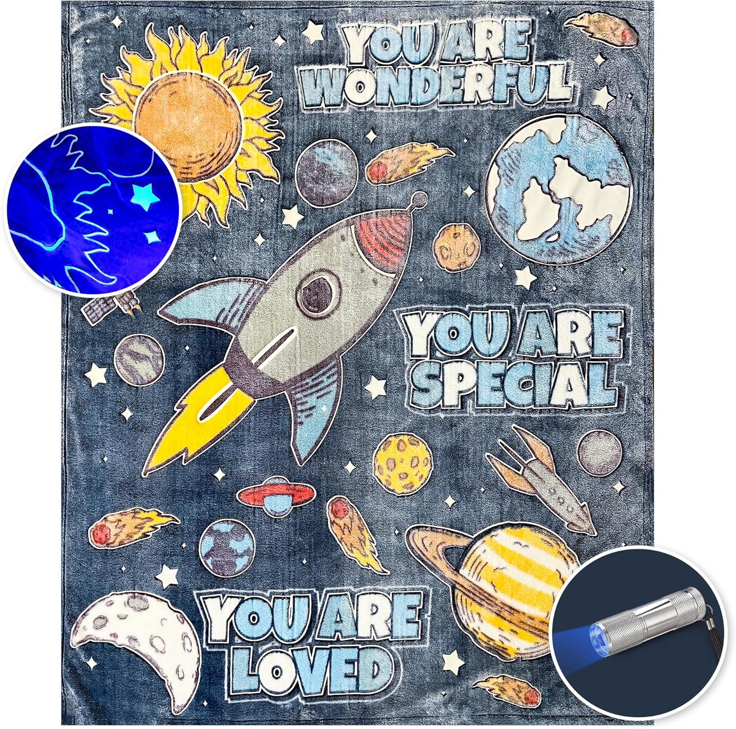 Manta que brilla en la oscuridad, manta de felpa espacial de 59 x 71 pulgadas para niños y adolescentes con mini linterna UV, mantas de poliéster