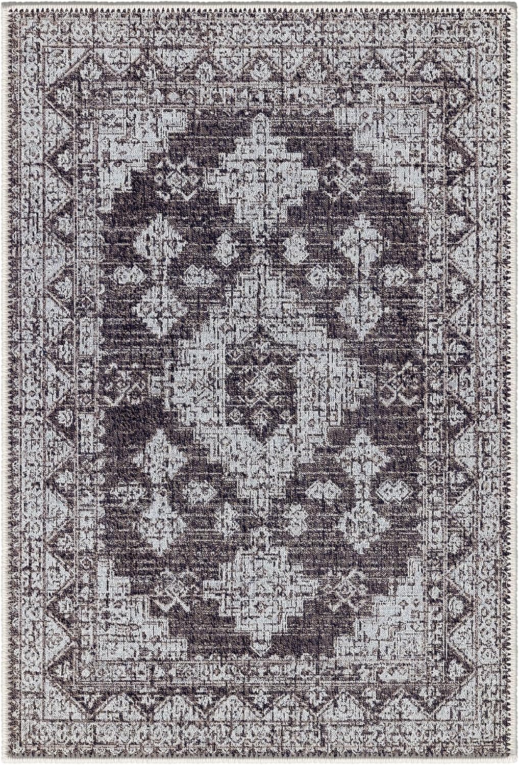 HomeNette Alfombras de área lavables, de 3 x 5, color negro, con parte trasera antideslizante, resistente a las manchas, plegable, bohemia lavable a