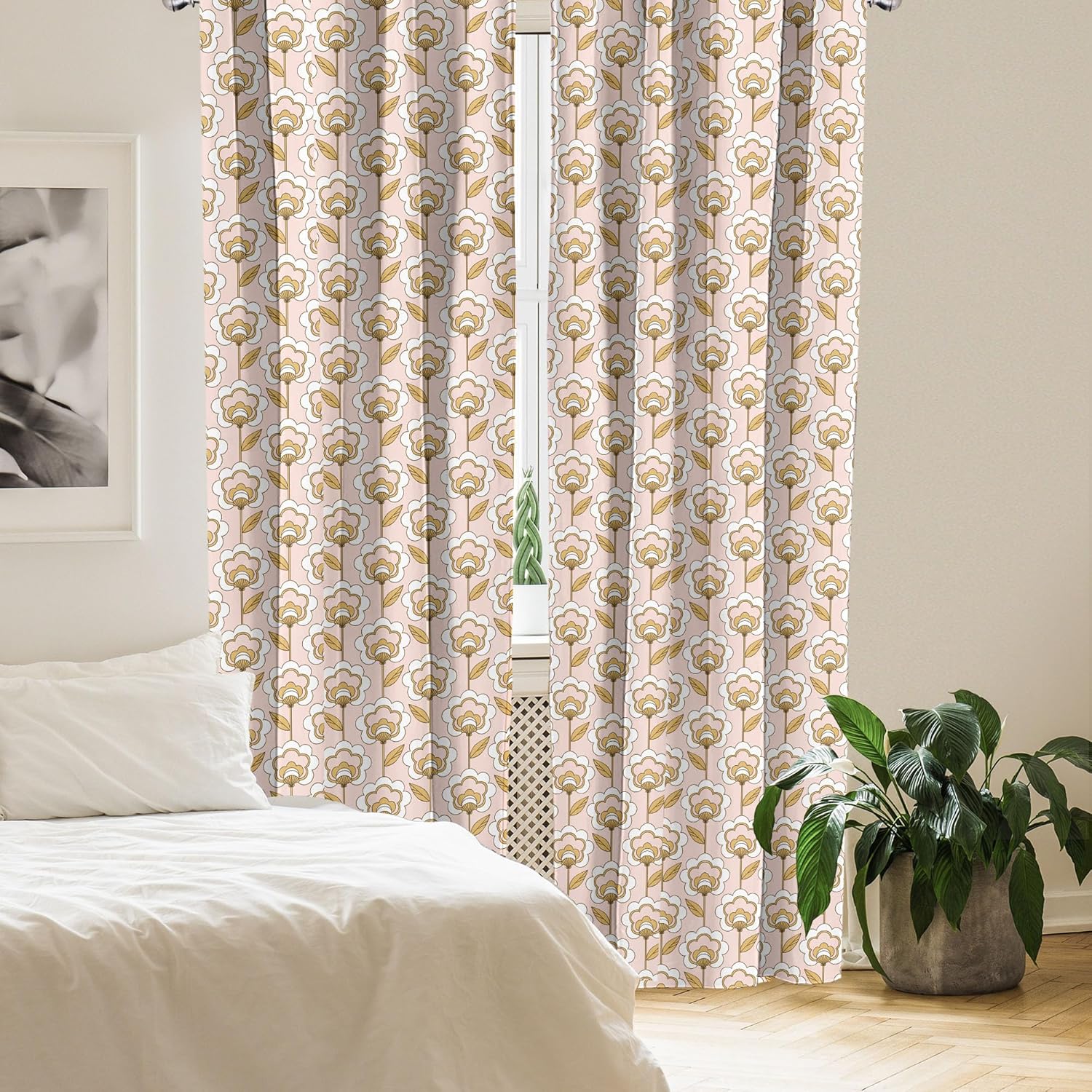 Lunarable Cortinas de mediados de siglo, rítmico retro típico de los años 50 y 60, ilustraciones de adornos de flores, tratamientos de ventana,