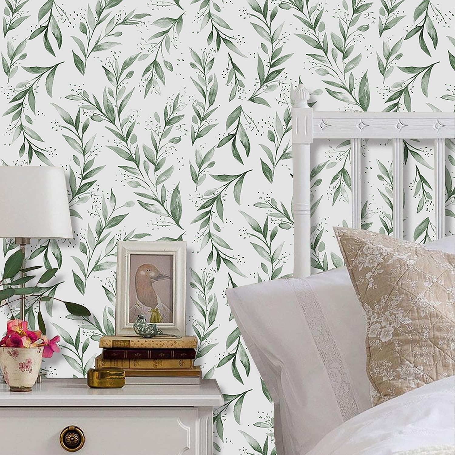 Dzhuywer Papel tapiz de hojas verdes, papel de contacto floral vintage, papel tapiz bohemio autoadhesivo, extraíble, papel tapiz de hojas de sauce,