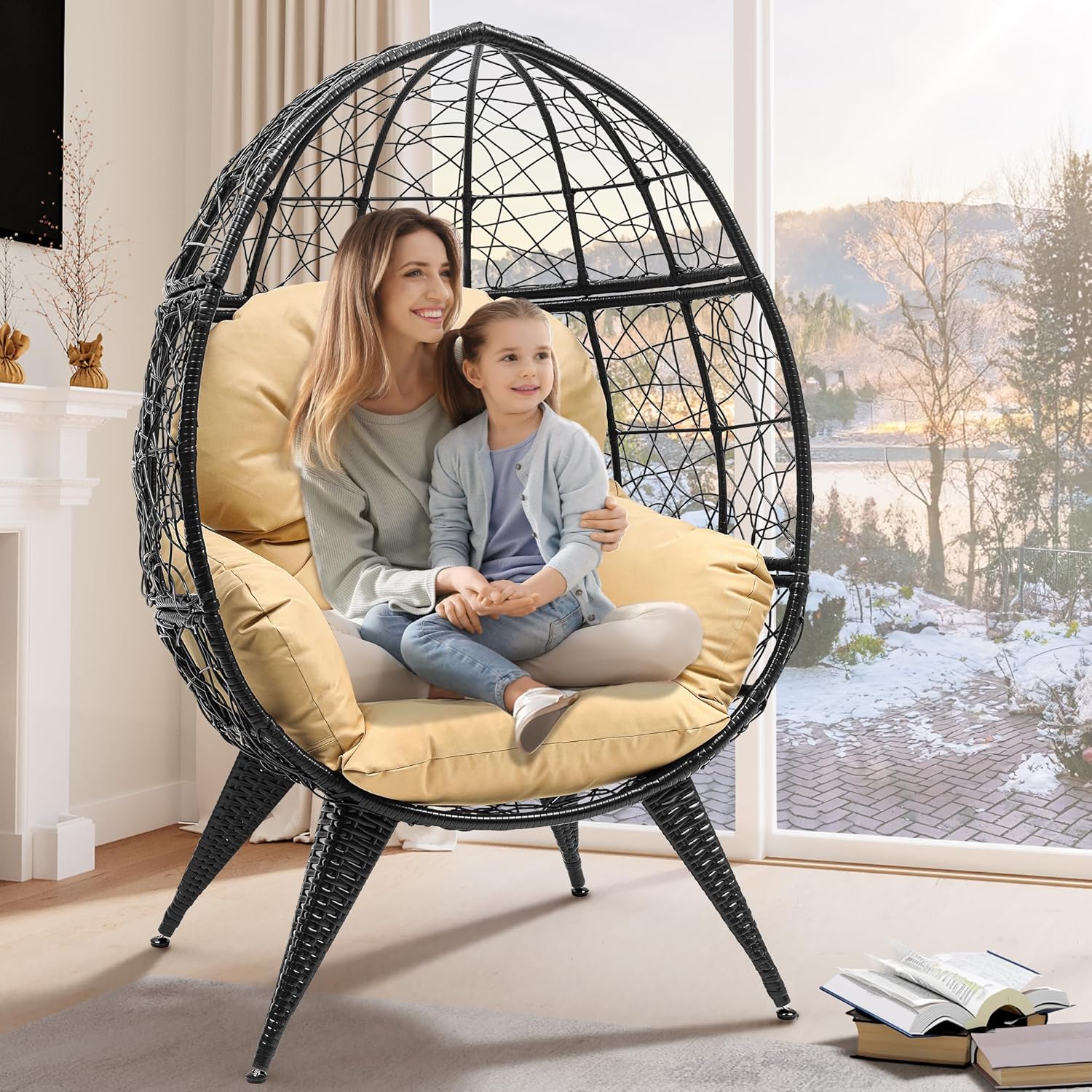 YITAHOME Silla de huevos de mimbre para interiores y exteriores, tumbona grande de gran tamaño con cojín de soporte, silla de cesta de huevos de