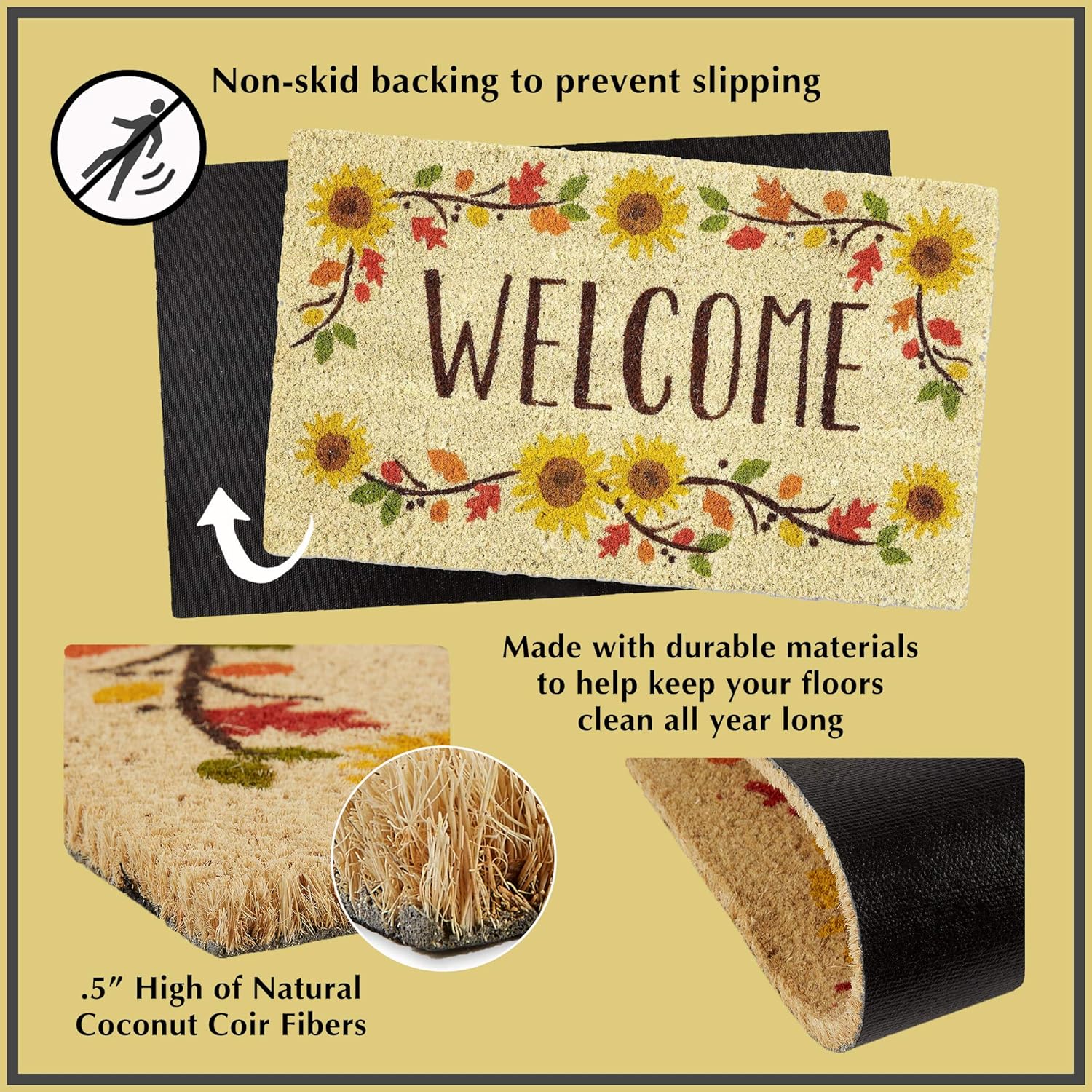 Tapete semicircular con estampado para exteriores e interiores, antideslizante, 23 x 35 pulgadas, resistente al agua, rascador de zapatos, alfombra
