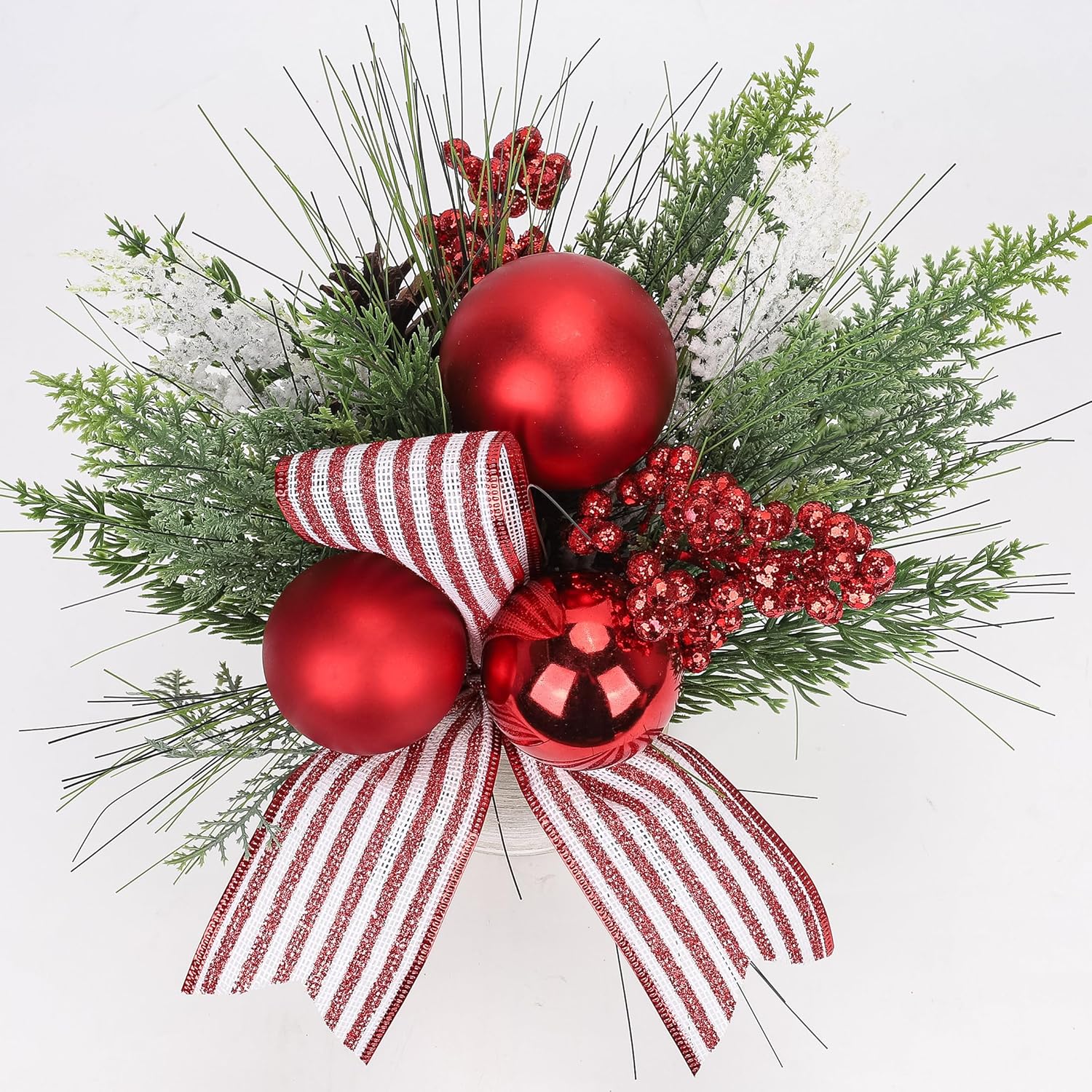 Hollyone Pequeño árbol de Navidad artificial de 11 pulgadas, decoración de plantas en maceta con adornos de bolas de Navidad, bayas para el hogar,