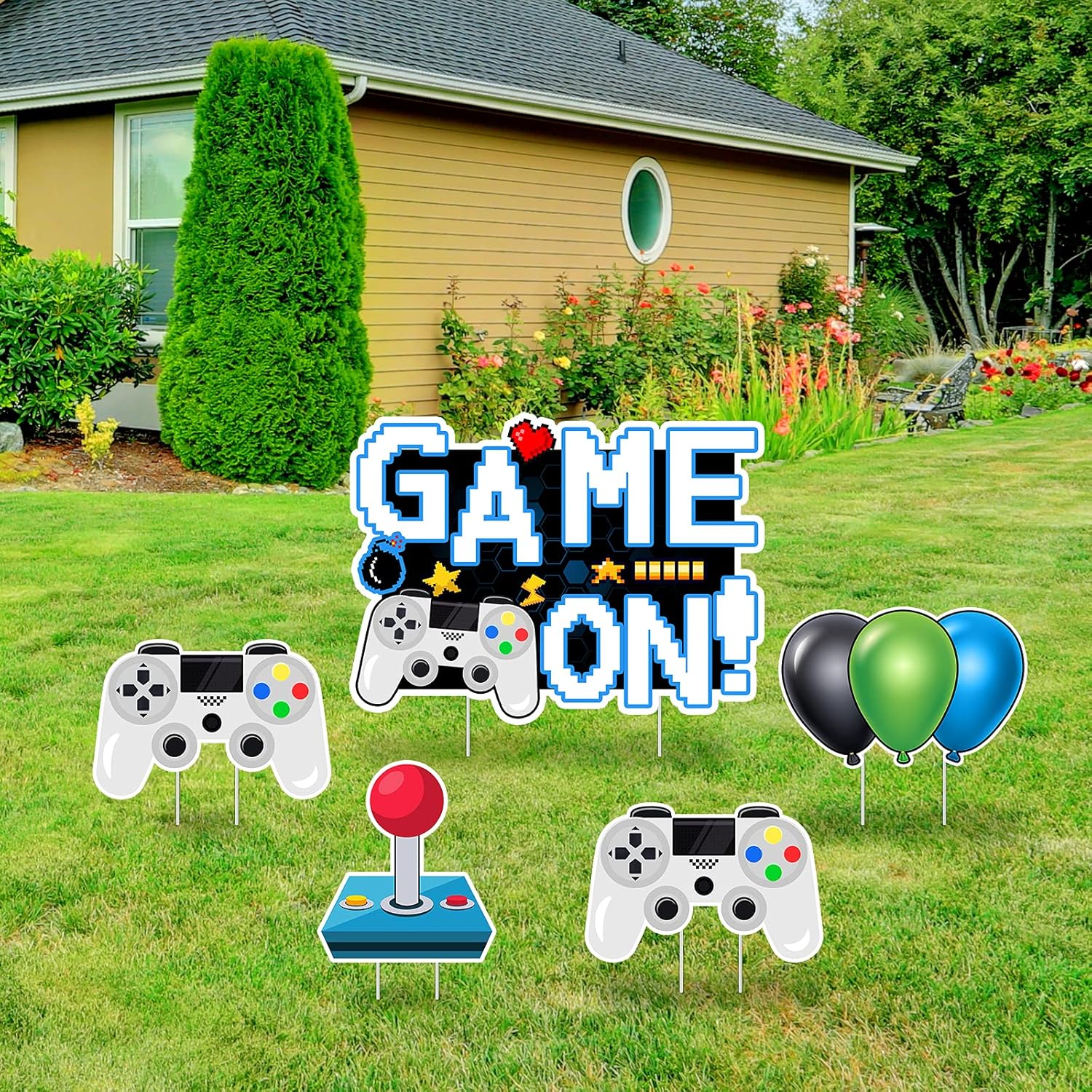 Letreros de juego en video juego con estacas – Incluye palo de control remoto de juego y letreros de globo – Señales y estacas resistentes a la