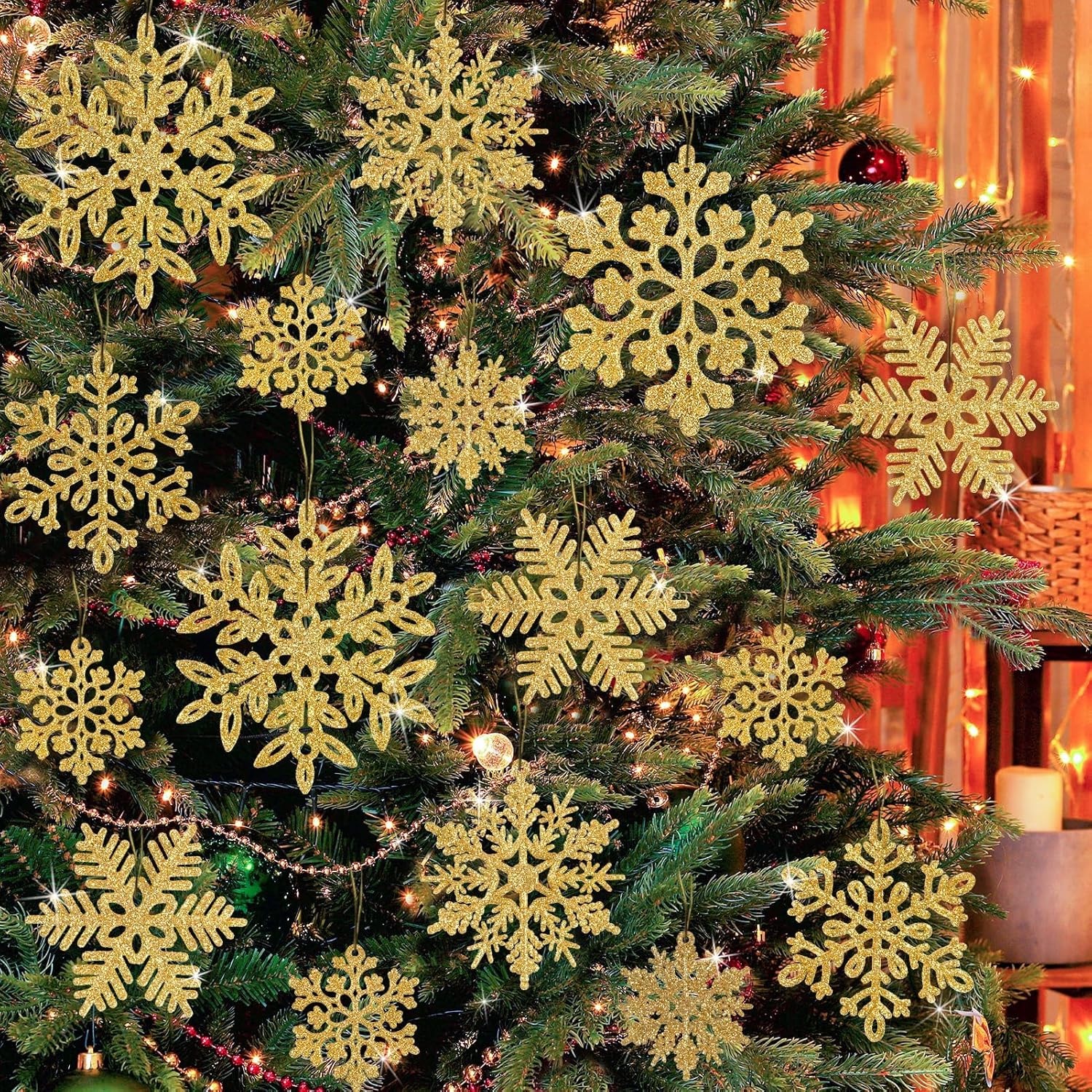 49 piezas de decoraciones de fiesta de Navidad adornos de copo de nieve  copos de nieve con purpurina dorada DIY adornos colgantes para árbol de