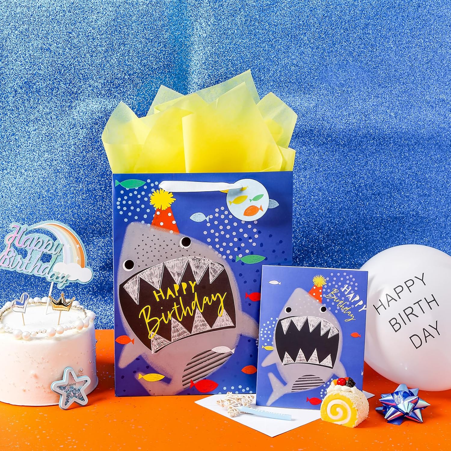 LeZakaa Bolsa de regalo de cumpleaños de 13 pulgadas, bolsa de regalo azul mediana con papel de seda, etiqueta de regalo y tarjeta, diseño de