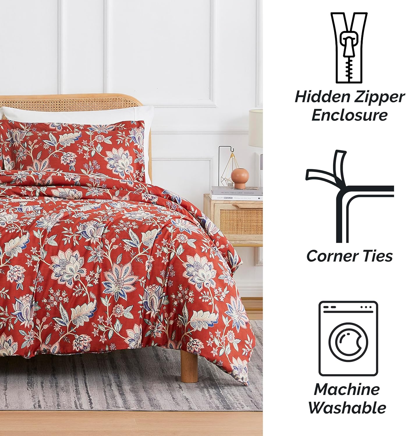 Southshore Fine Living, Inc. Jacobean Willow Collection – Juego de funda de edredón tamaño individual, funda de edredón floral roja de 2 piezas con