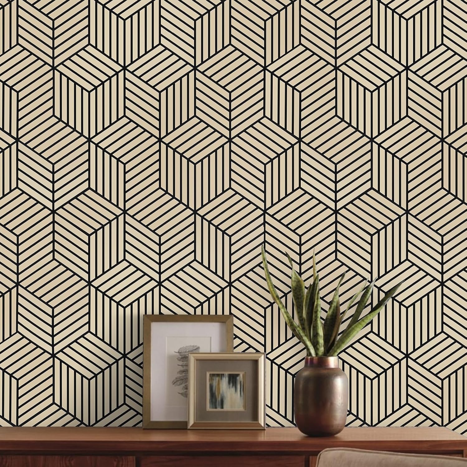 WENMER Papel tapiz hexagonal geométrico de 17.71 pulgadas x 236 pulgadas, papel tapiz de contacto marrón y negro, papel tapiz autoadhesivo