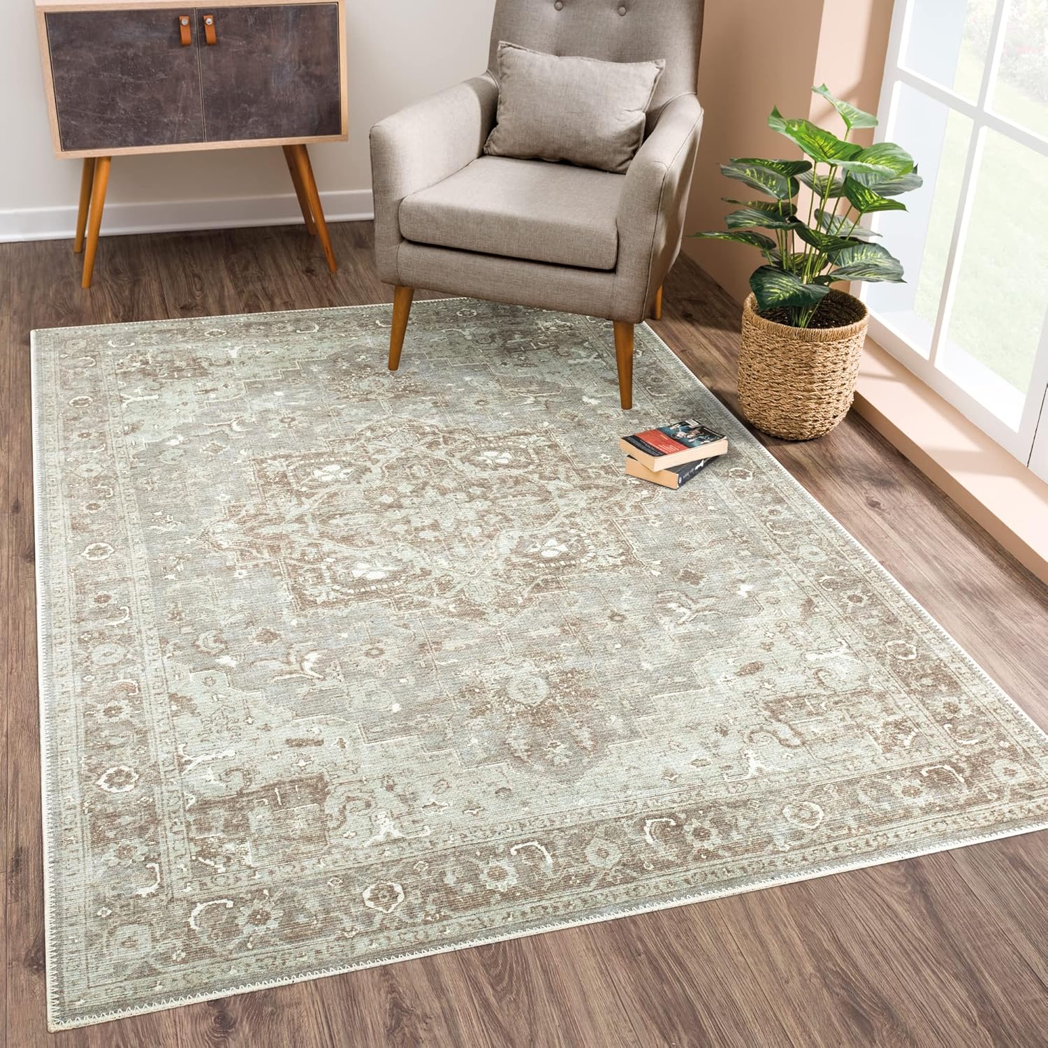 Bloom Rugs Alfombra lavable antideslizante de 4 x 6 pies, color beigegris, alfombra tradicional para sala de estar, dormitorio, comedor y cocina,
