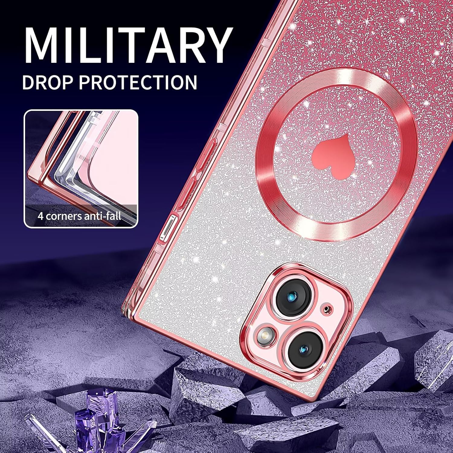 Funda magnética cuadrada para iPhone 15 Plus compatible con MagSafe protección completa de la lente, patrón de corazón lindo y cubierta brillante