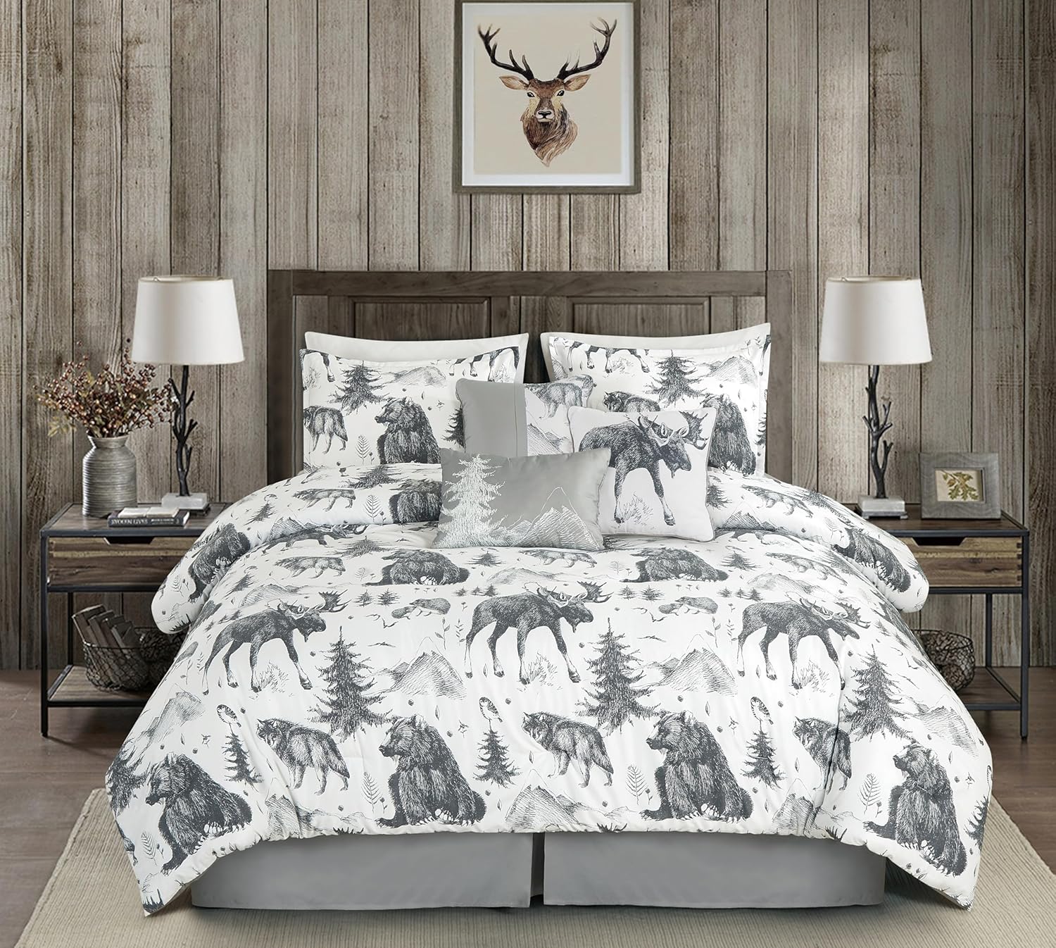 Chezmoi Collection Denver – Juego de edredón de 7 piezas Southwestern Cabin Lodge – Ropa de cama de microfibra con estampado de oso pardo, lobos,