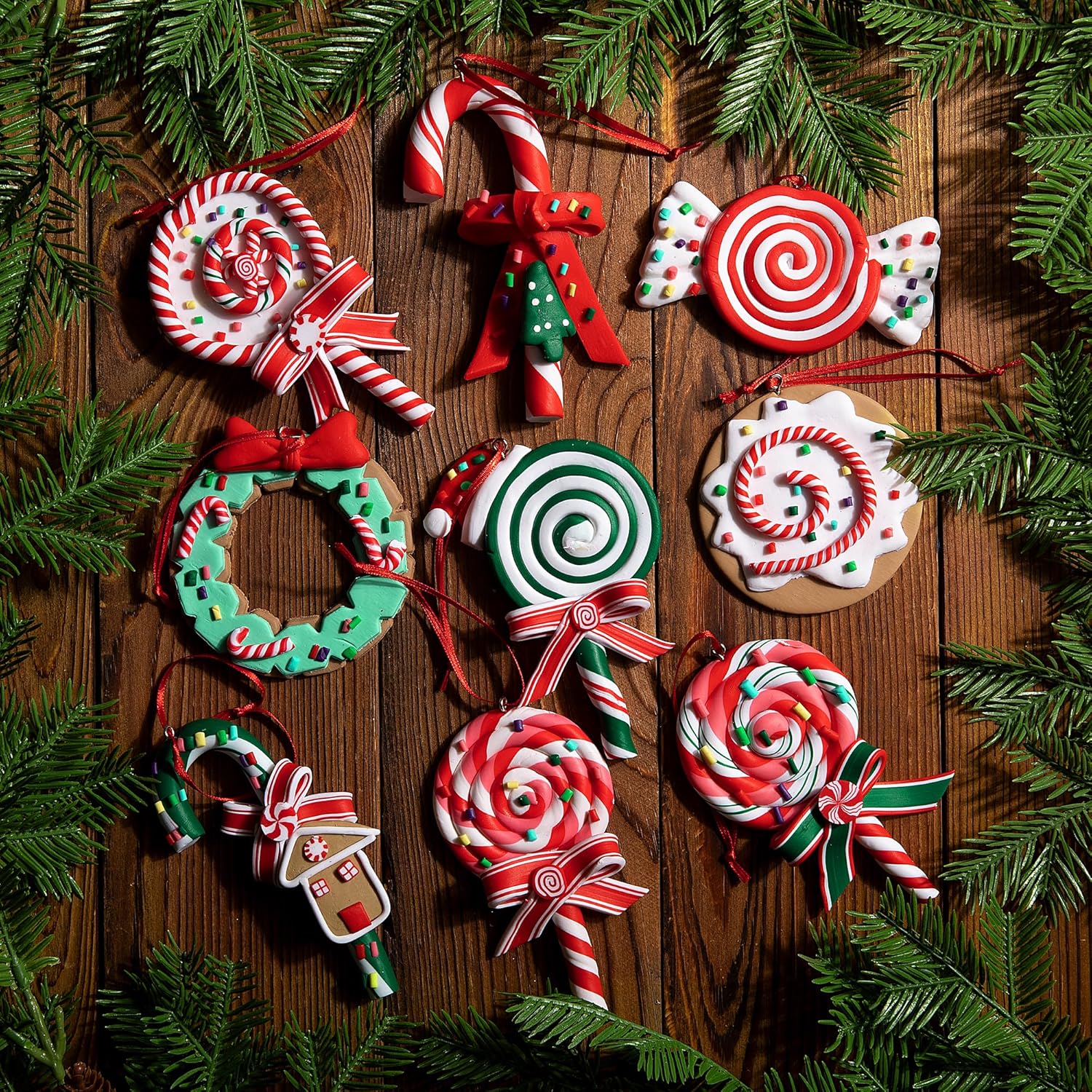 9 adornos de piruleta de Navidad, adornos de arcilla polimérica de caramelos de Navidad, decoración de Navidad, decoración colgante de bastón de