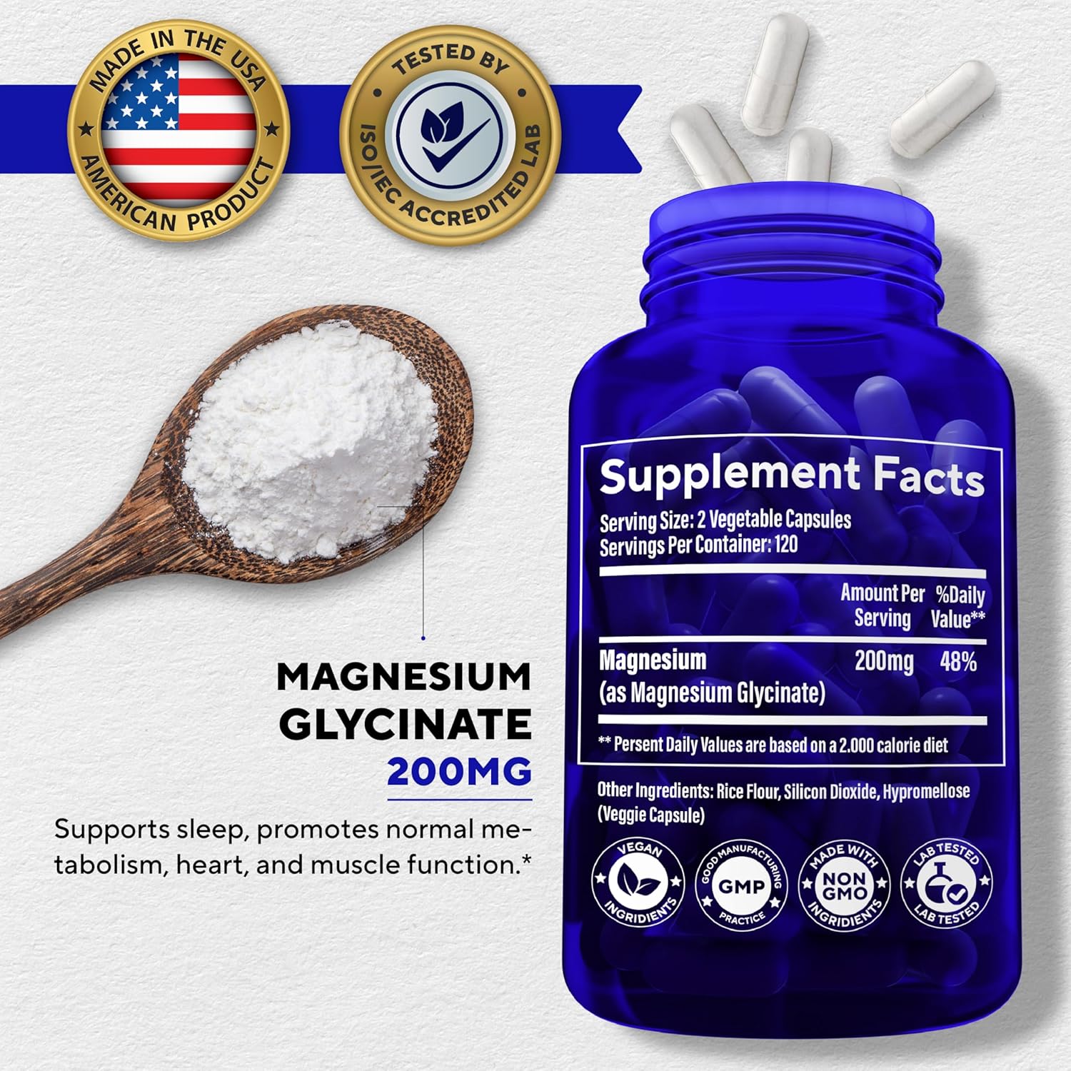 VitaUp Glicinato de magnesio 200 mg  Bisglicinato de magnesio fabricado en Estados Unidos  Alivio del estrés y corazón, músculo, metabolismo, apoyo