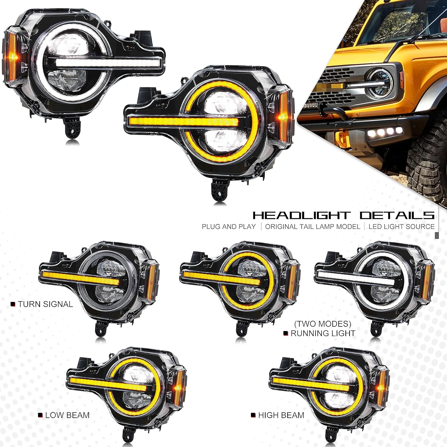 inginuity time Faros delanteros LED para Ford Bronco 2021 2022 2023 Animación de inicio de señal secuencial Conjunto de lámparas delanteras
