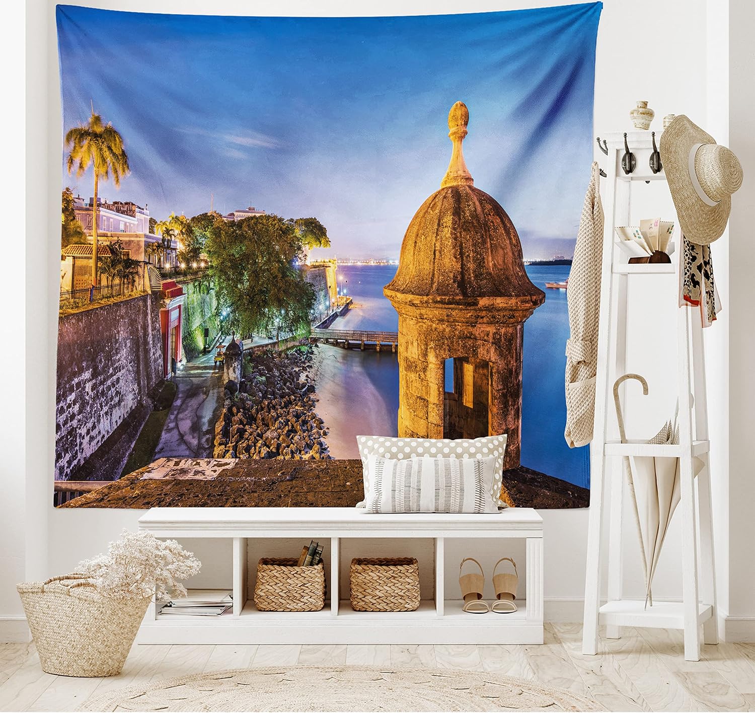 Lunarable Tapiz de Puerto Rico, Coast at Paseo de la Princesa estilo retro con elementos arquitectónicos, decoración de tela para colgar en la pared