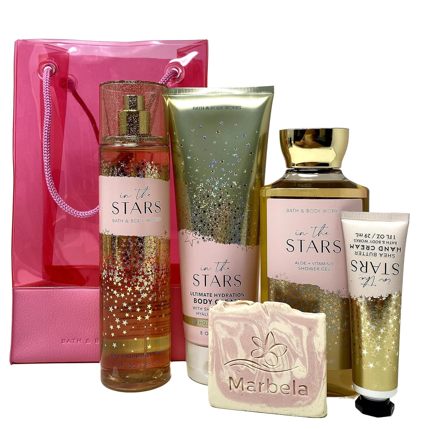 Bath & Body Works In The Stars – Juego de bolsas de regalo, niebla, crema corporal, gel de ducha y crema de manos con un jabón de muestra de sales