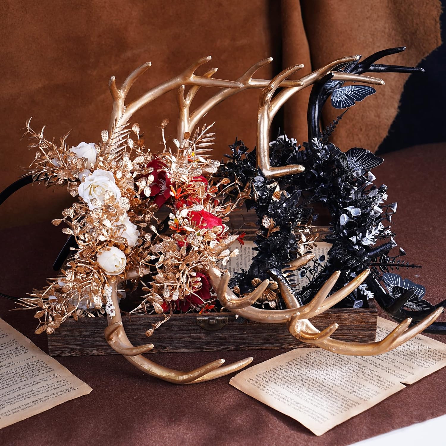 MOSTORY Diadema hecha a mano con cuernos de ciervo de hada, diadema de reno bohemio con flores, cornamenta de bosque, accesorio para el cabello para