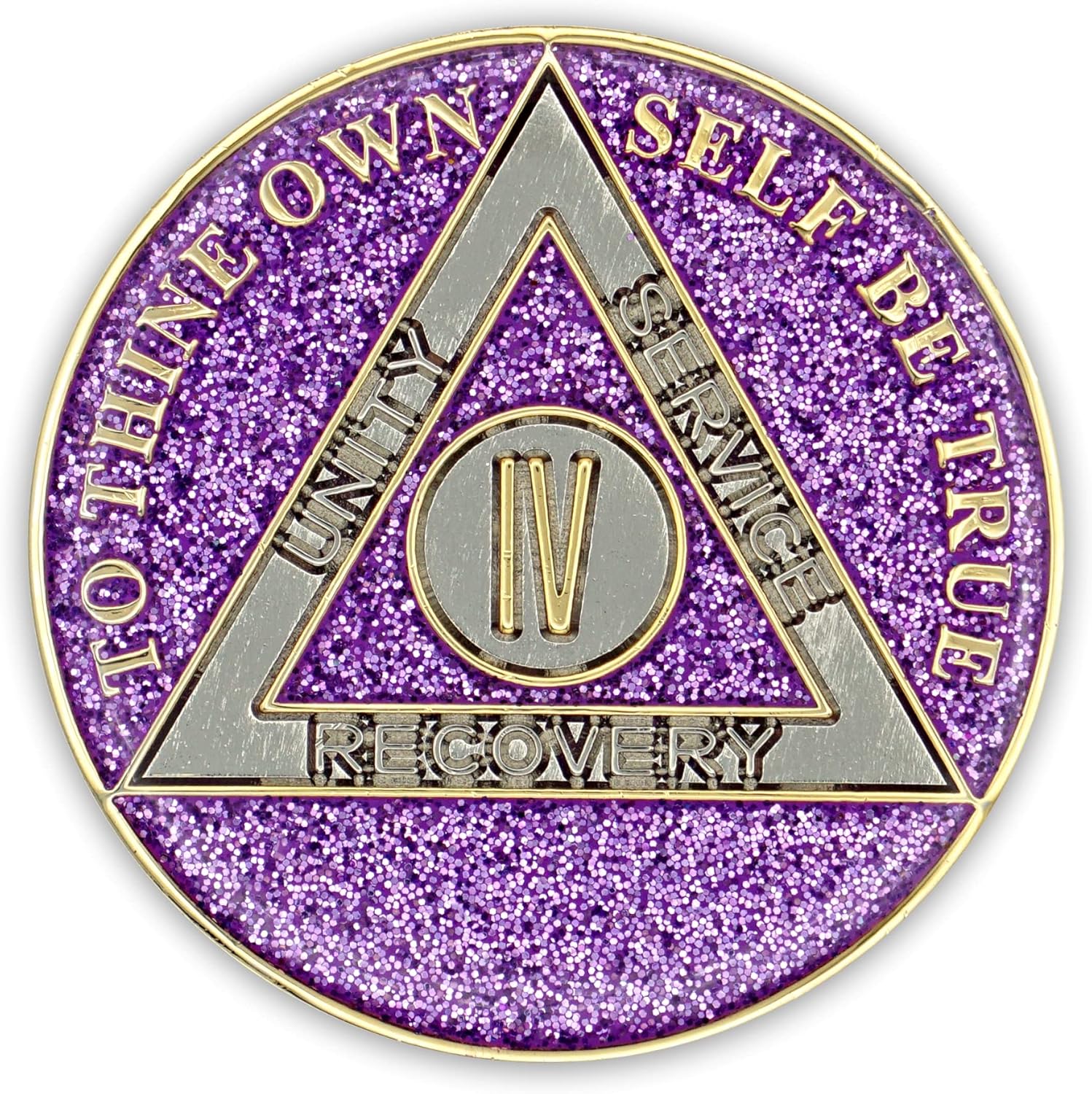 Moneda de sobriedad de 4 años  Ficha de aniversario de recuperación de chip AA con purpurina (morado)