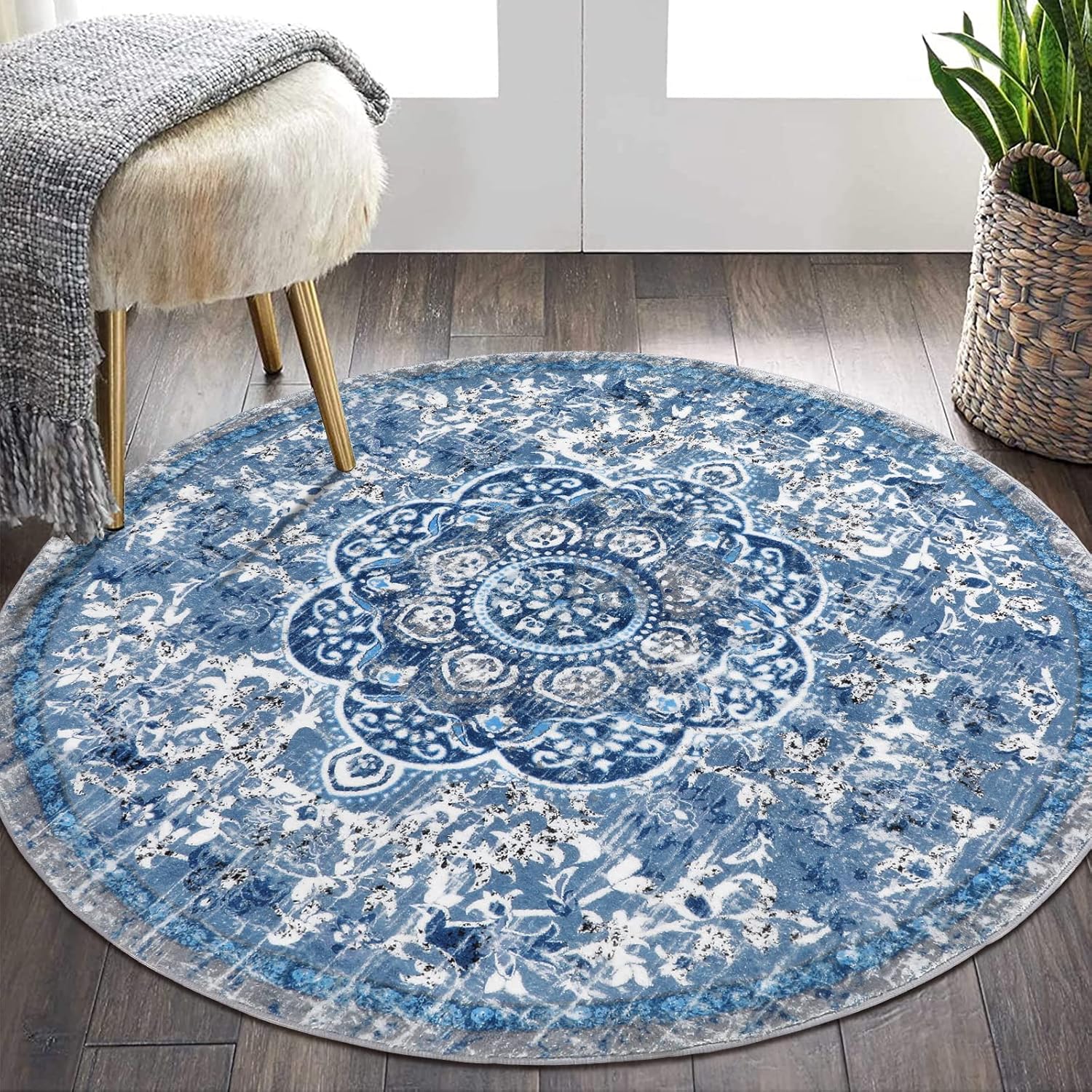 HEBE – Alfombra redonda bohemia de 4 pies, antideslizante, lavable, para sala de estar, dormitorio, medallón envejecido, vintage, alfombra redonda,