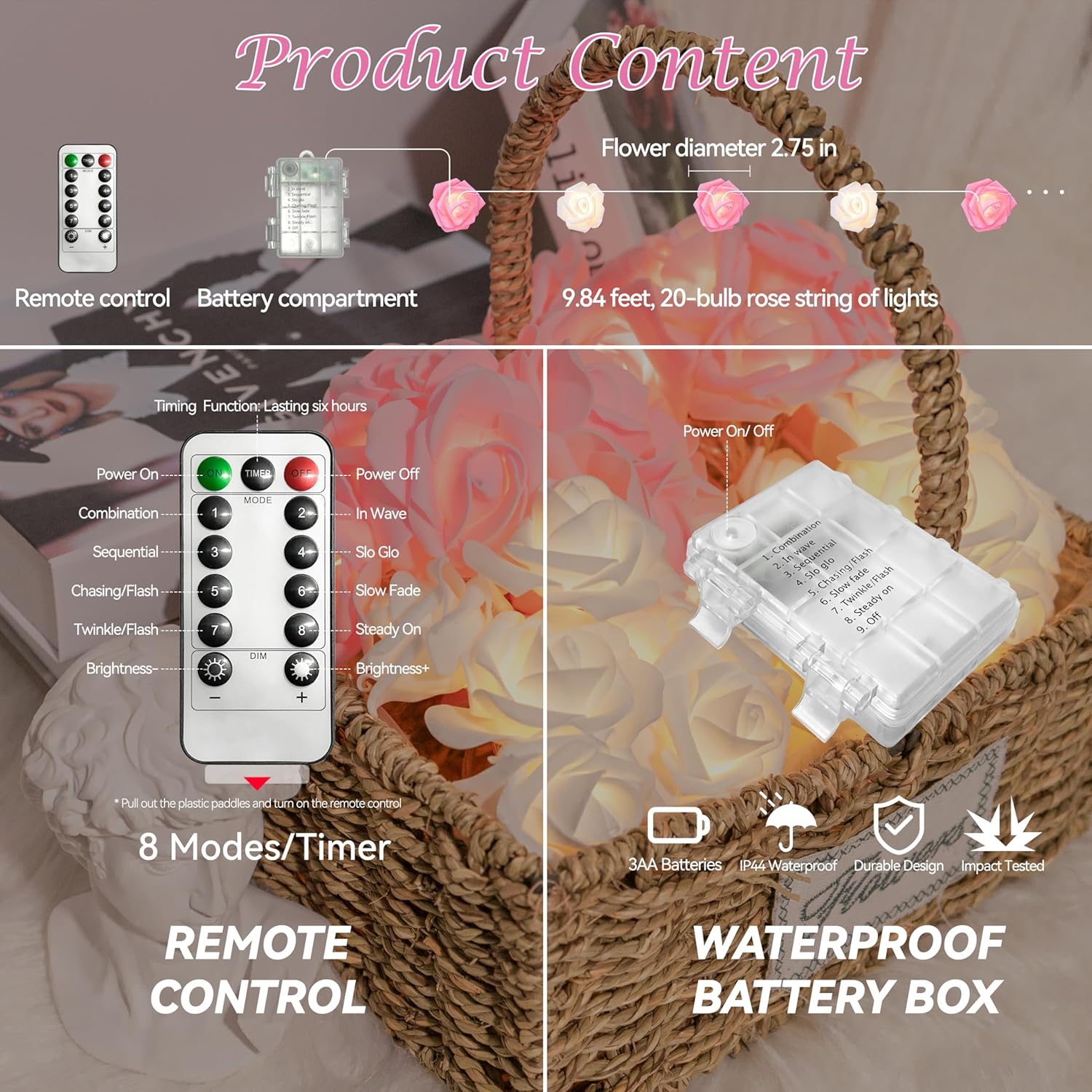 Guirnalda de luces de flores de rosas a pilas con control remoto, luces de hadas de 9.84 pies, 20 LED, 8 modos de flor, para bodas, fiestas, día de