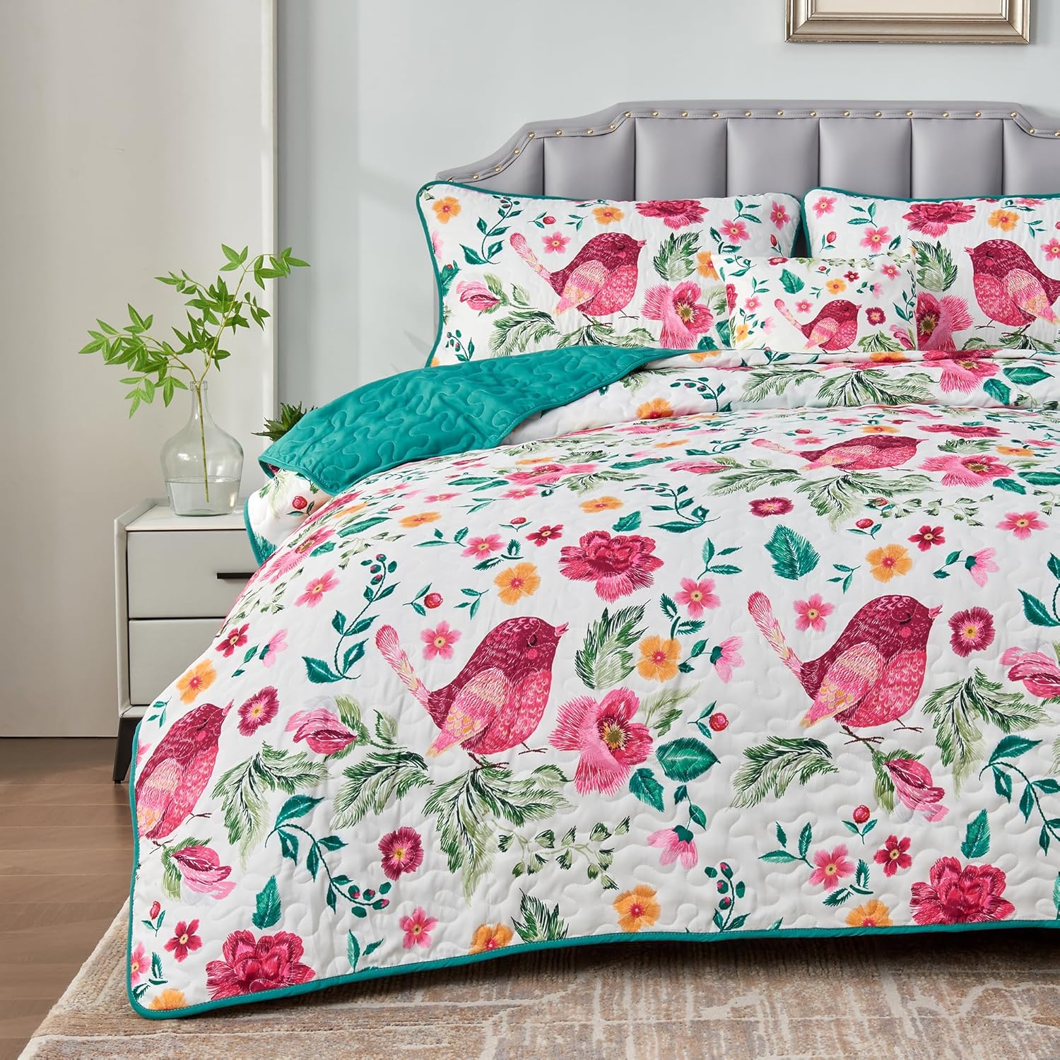 Mnribey Juego de edredón floral de 4 piezas tamaño King, 1 edredón con 2 fundas de almohada y 1 funda de almohada, colcha botánica de pájaros y