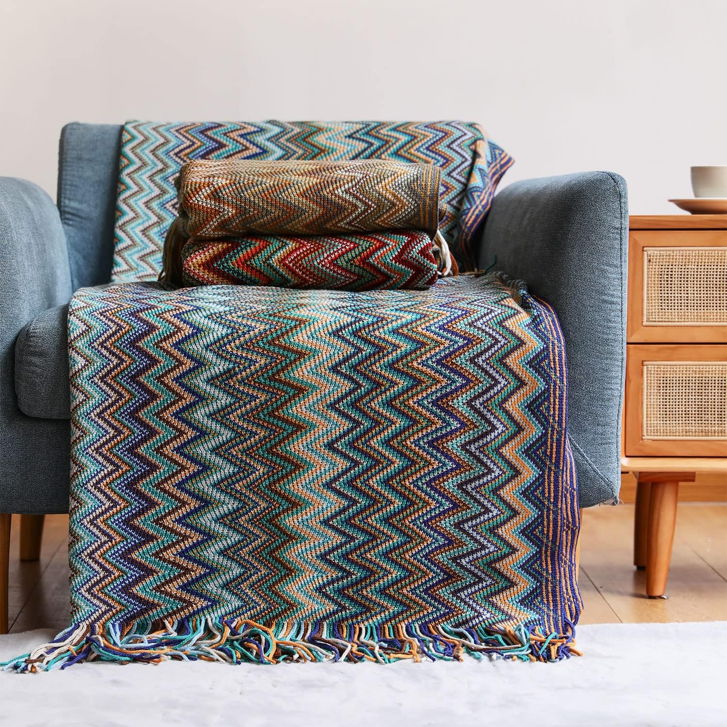 Manta bohemia de punto con borlas, para exteriores, reversible, suave, acogedora, ligera, para sofá o cama, para todas las estaciones, color azul,