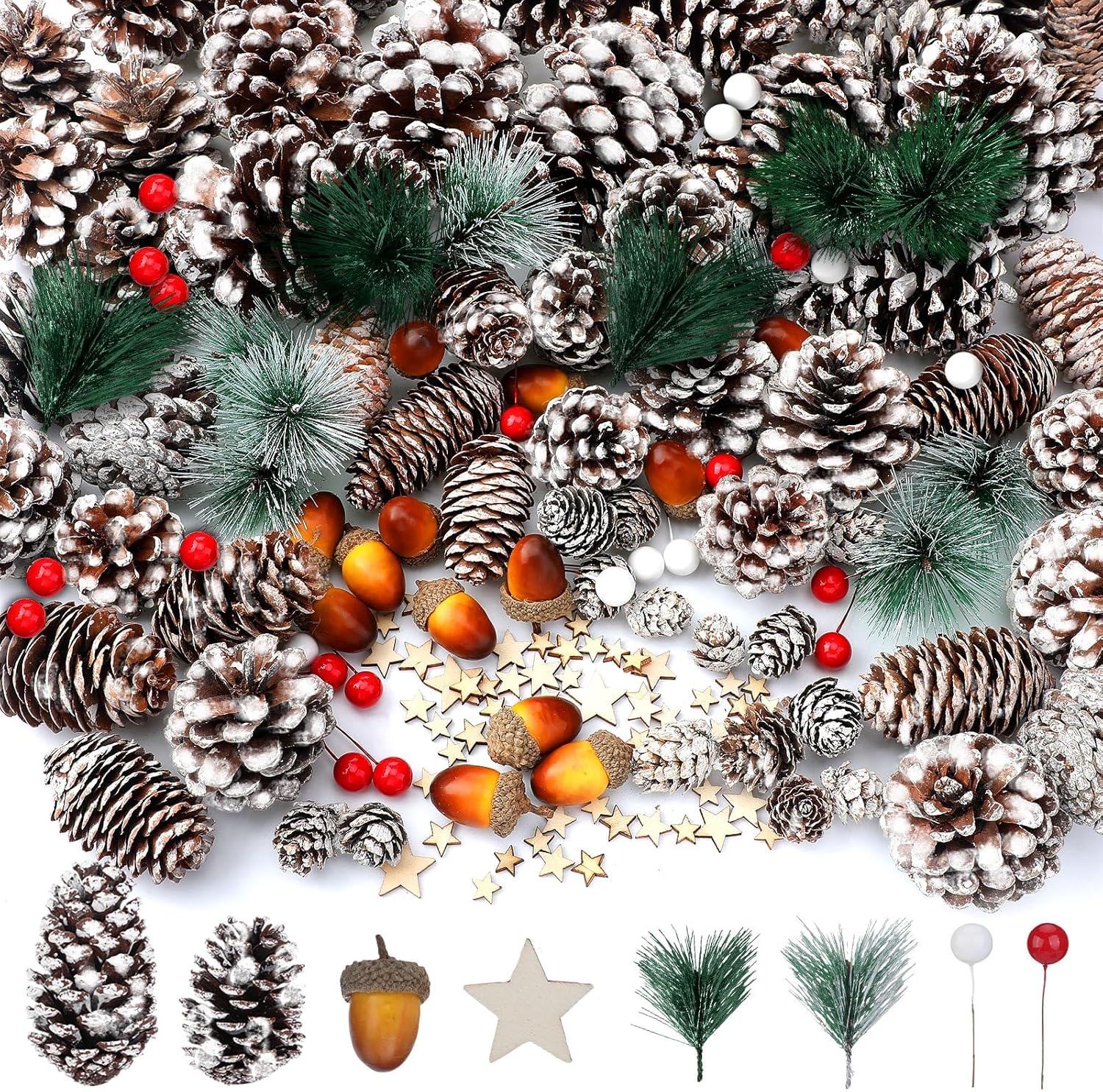 Hotop Juego de 280 conos de pino de Navidad, ramas de pino, bayas, piñas de nieve naturales, bellotas y bayas rojas, decoraciones de corona de