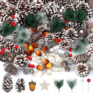 Hotop Juego de 280 conos de pino de Navidad, ramas de pino, bayas, piñas de nieve naturales, bellotas y bayas rojas, decoraciones de corona de Hotop Juego de 280 conos de pino de Navidad, ramas de pino, bayas, piñas de nieve naturales, bellotas y bayas rojas, decoraciones de corona de