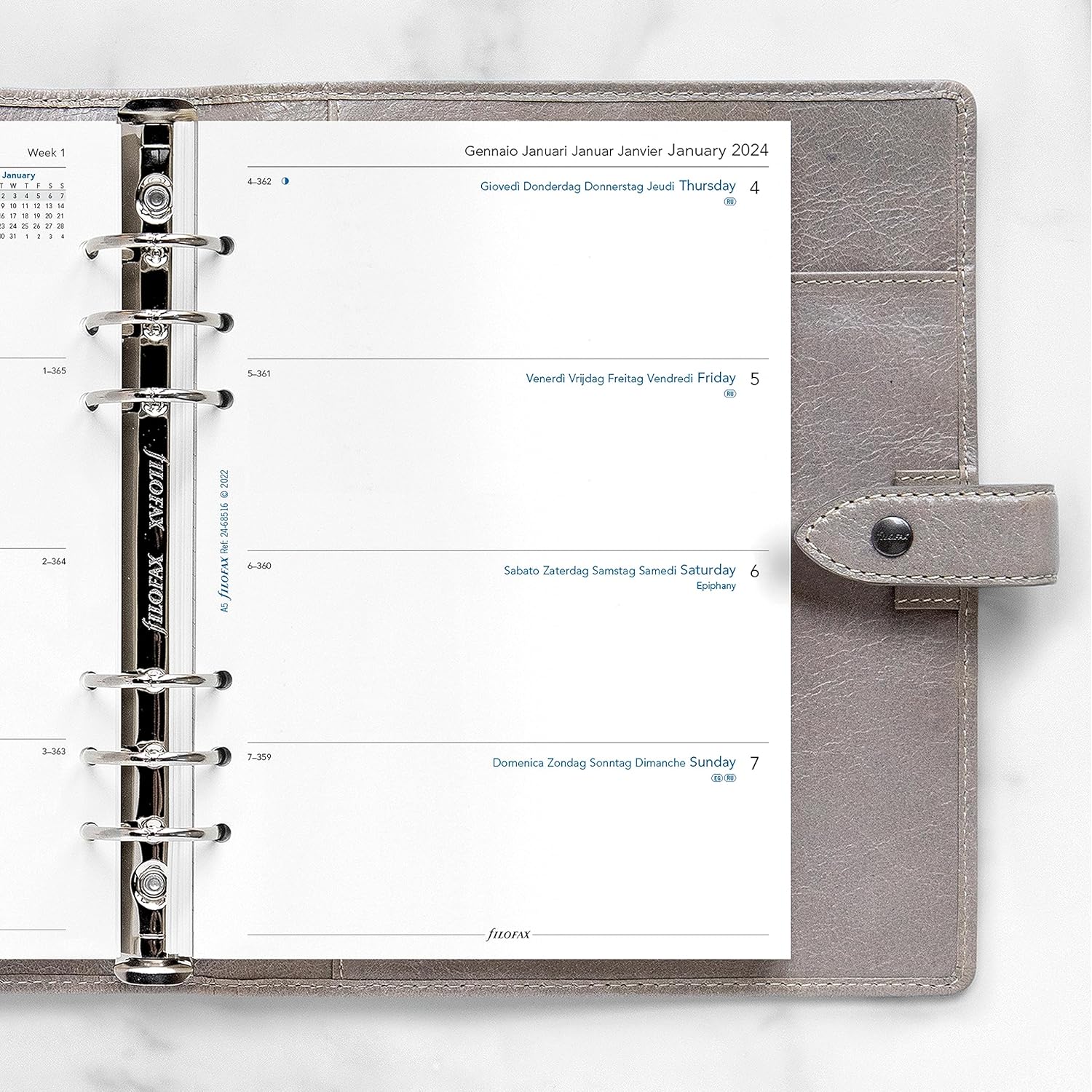 Filofax Recambio de diario para calendario, tamaño A5, sección semanal con notas, libro blanco, sin rayas, multilingüe cinco idiomas, 2024